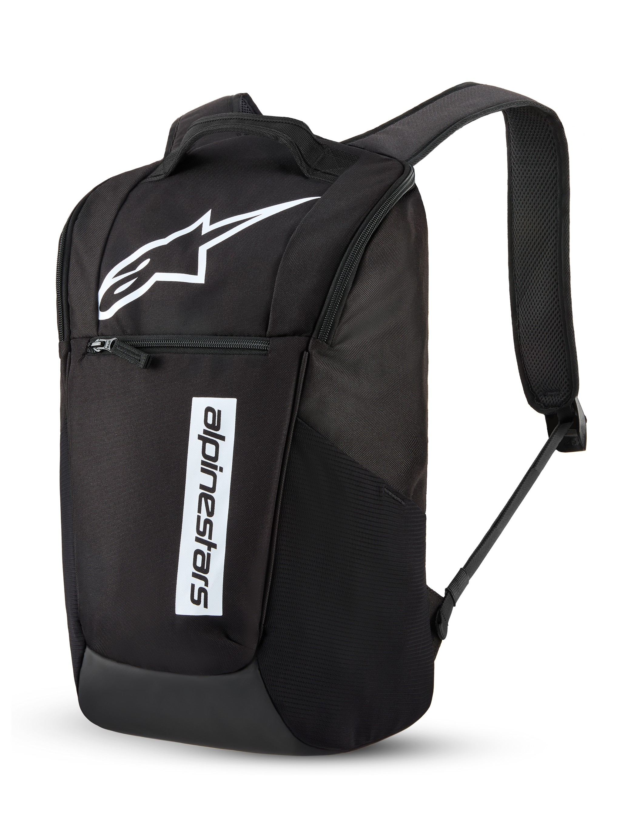 Alpinestars Defcon V3 Backpack, Daily Backpack, Black and White, featuring a large white Astar logo and vertical Alpinestars wordmark, front zippered pocket, padded air-mesh shoulder straps, durable 600D polyester, casual motorsport-inspired design
