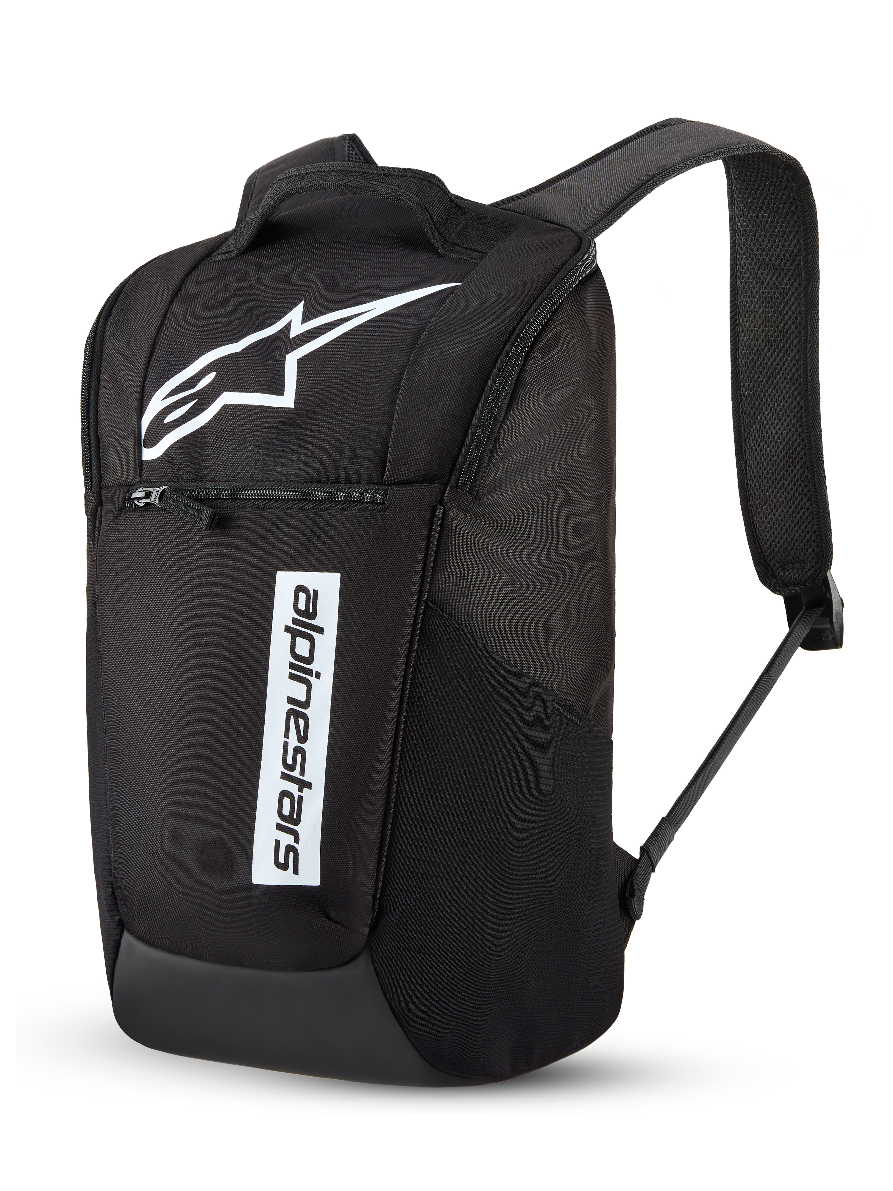 Alpinestars Defcon V3 ryggsäck, ryggsäck för vardagsbruk, svart och vit, med en stor vit Astar-logotyp och ett vertikalt Alpinestars-namnmärke, främre ficka med dragkedja, vadderade axelremmar i luftig mesh, slitstark 600D-polyester, avslappnad motorsportinspirerad design
