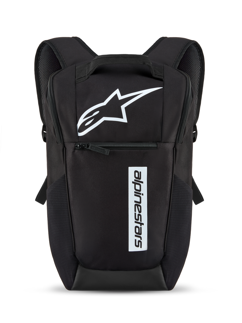 Alpinestars Defcon V3 Ryggsäck, svart och vit, liten ryggsäck för vardagsbruk med vit stjärnlogotyp och vertikal textlogotyp, främre dragkedjeficka, vadderade axelremmar, hållbart 600D-polyestermaterial