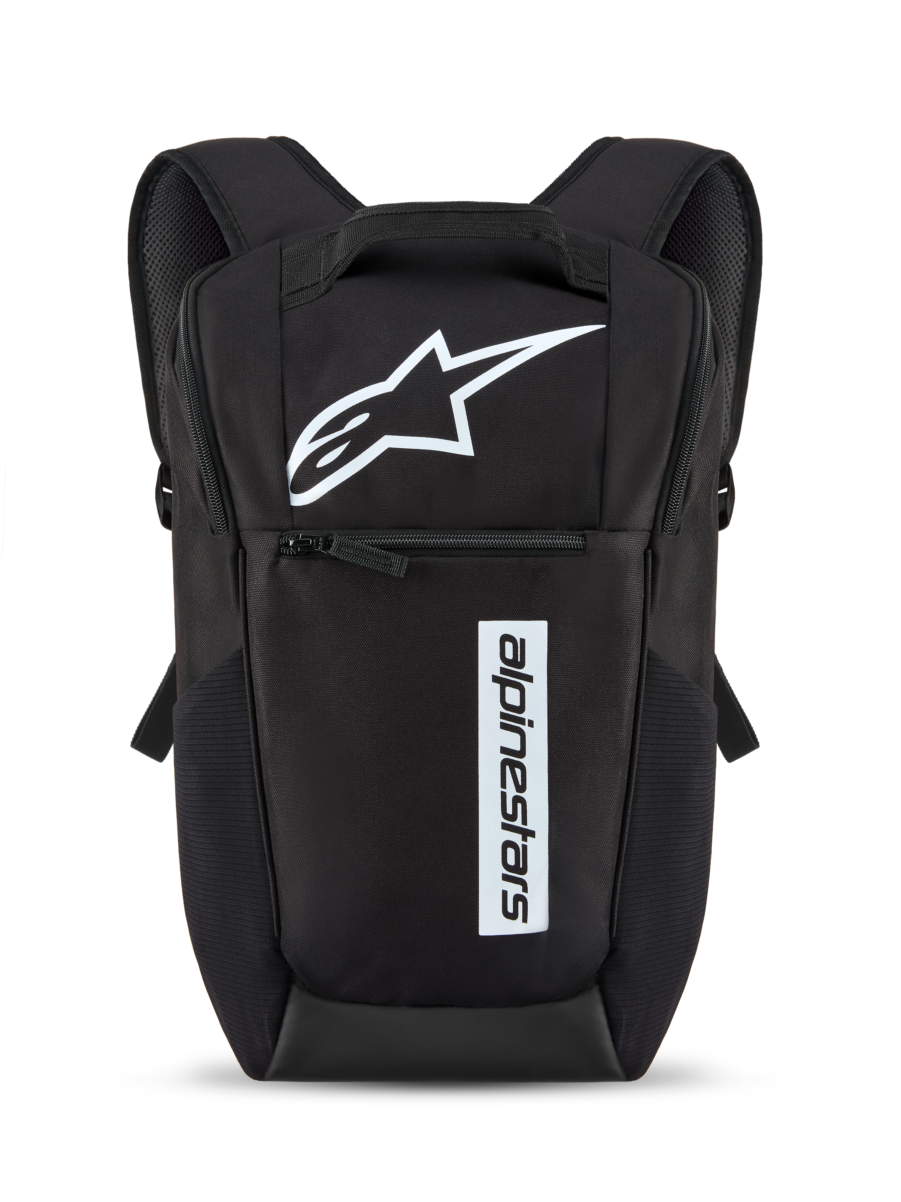 Alpinestars Defcon V3 Ryggsäck, svart och vit, liten ryggsäck för vardagsbruk med vit stjärnlogotyp och vertikal textlogotyp, främre dragkedjeficka, vadderade axelremmar, hållbart 600D-polyestermaterial