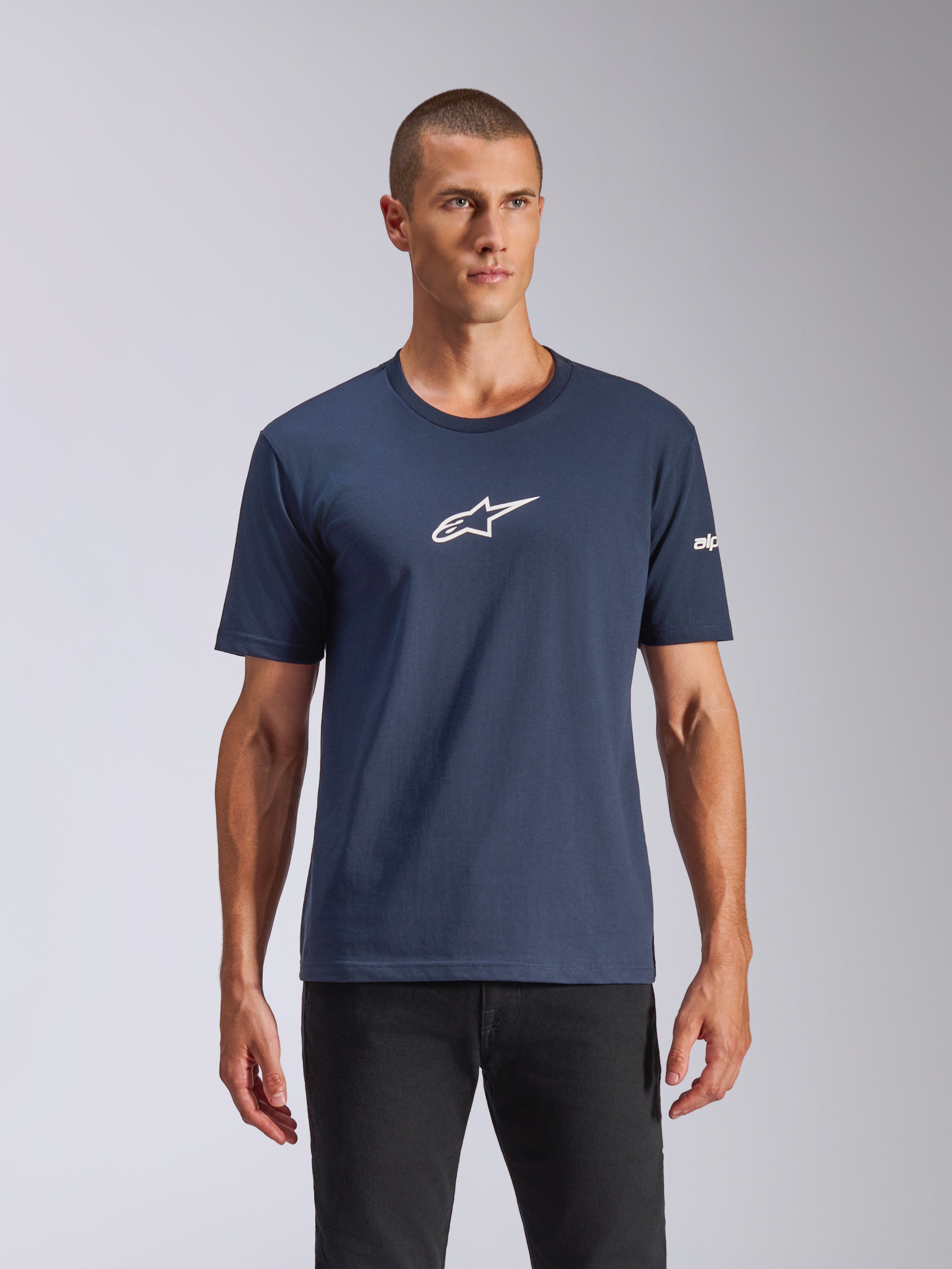 Alpinestars Frontal CSF Tee, Short Sleeve T-Shirt, Navy Blue, White Astars Logo on chest, worn with black pants, casual performance sportswear