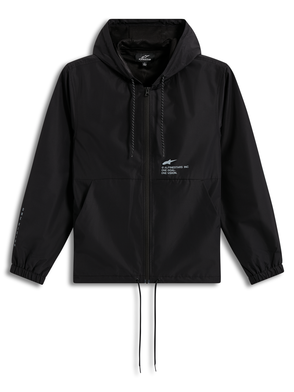 Alpinestars Speeder Resolve vindstopp, lätt svart jacka med huva, dragkedja fram och vit logotyp på bröstet.