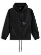 Alpinestars Speeder Resolve vindstopp, lätt svart jacka med huva, dragkedja fram och vit logotyp på bröstet.