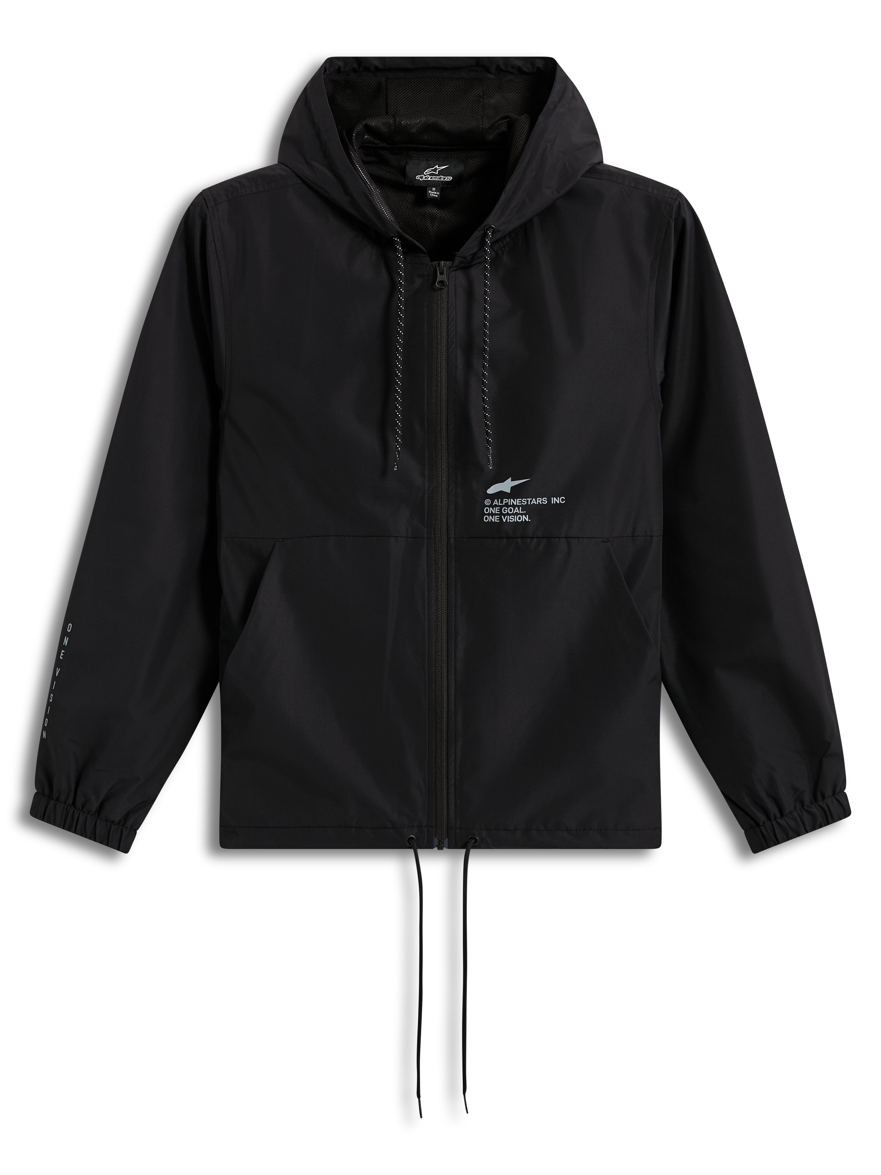 Alpinestars Speeder Resolve vindstopp, lätt svart jacka med huva, dragkedja fram och vit logotyp på bröstet.