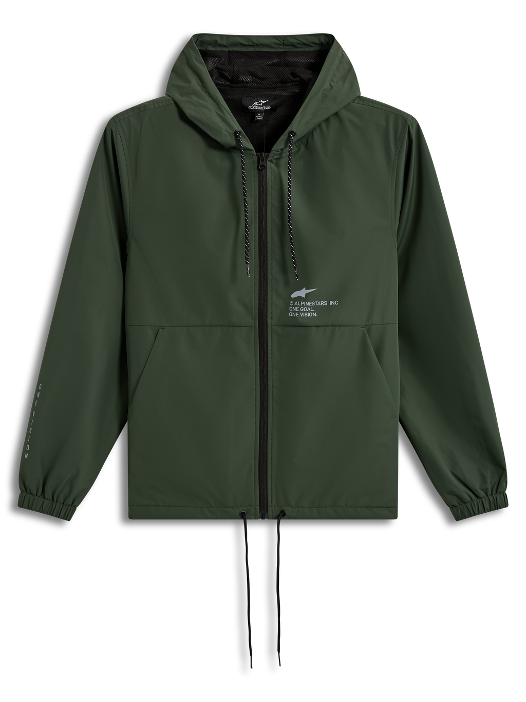 Alpinestars Speeder Resolve vindstopp, grön jacka med huva, meshfoder och dragsnören, vit logotyp på bröstet.