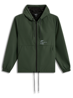 Alpinestars Speeder Resolve vindstopp, grön jacka med huva, meshfoder och dragsnören, vit logotyp på bröstet.