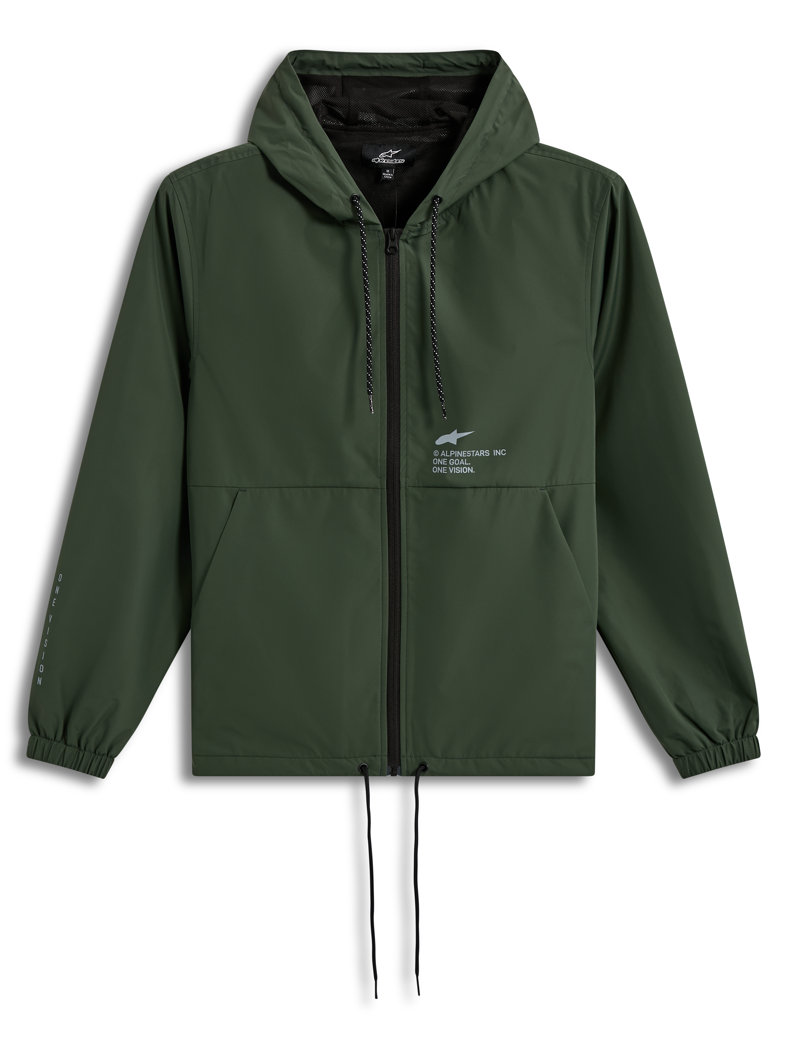 Alpinestars Speeder Resolve vindstopp, grön jacka med huva, meshfoder och dragsnören, vit logotyp på bröstet.