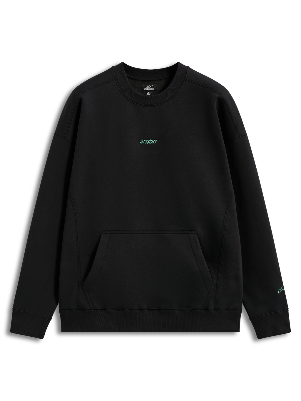 Alpinestars Guise Oversized Crew, black fleece sportswear pullover with a kangaroo pocket and teal logo embroidery.