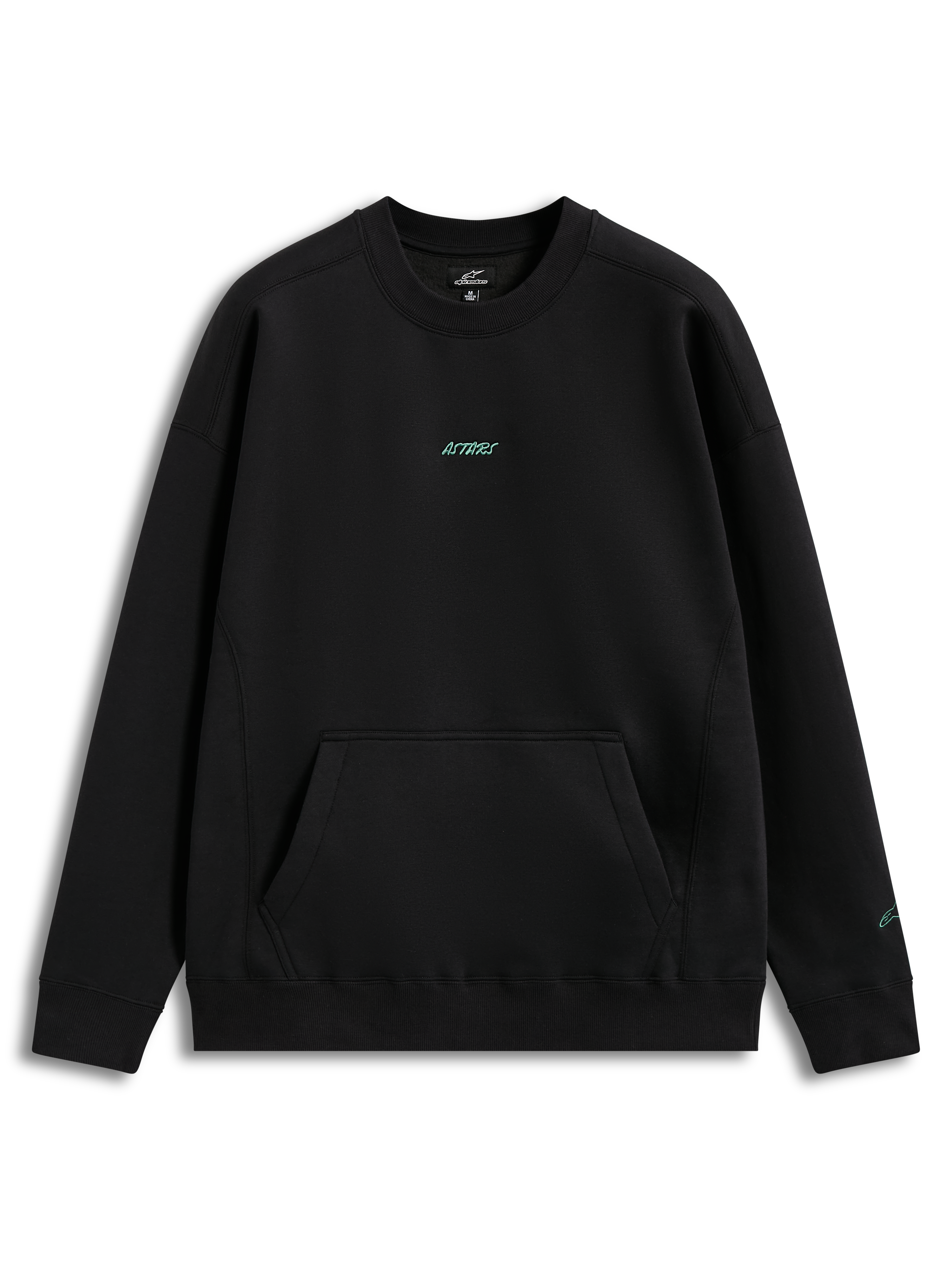 Alpinestars Guise Oversized Crew, black fleece sportswear pullover with a kangaroo pocket and teal logo embroidery.