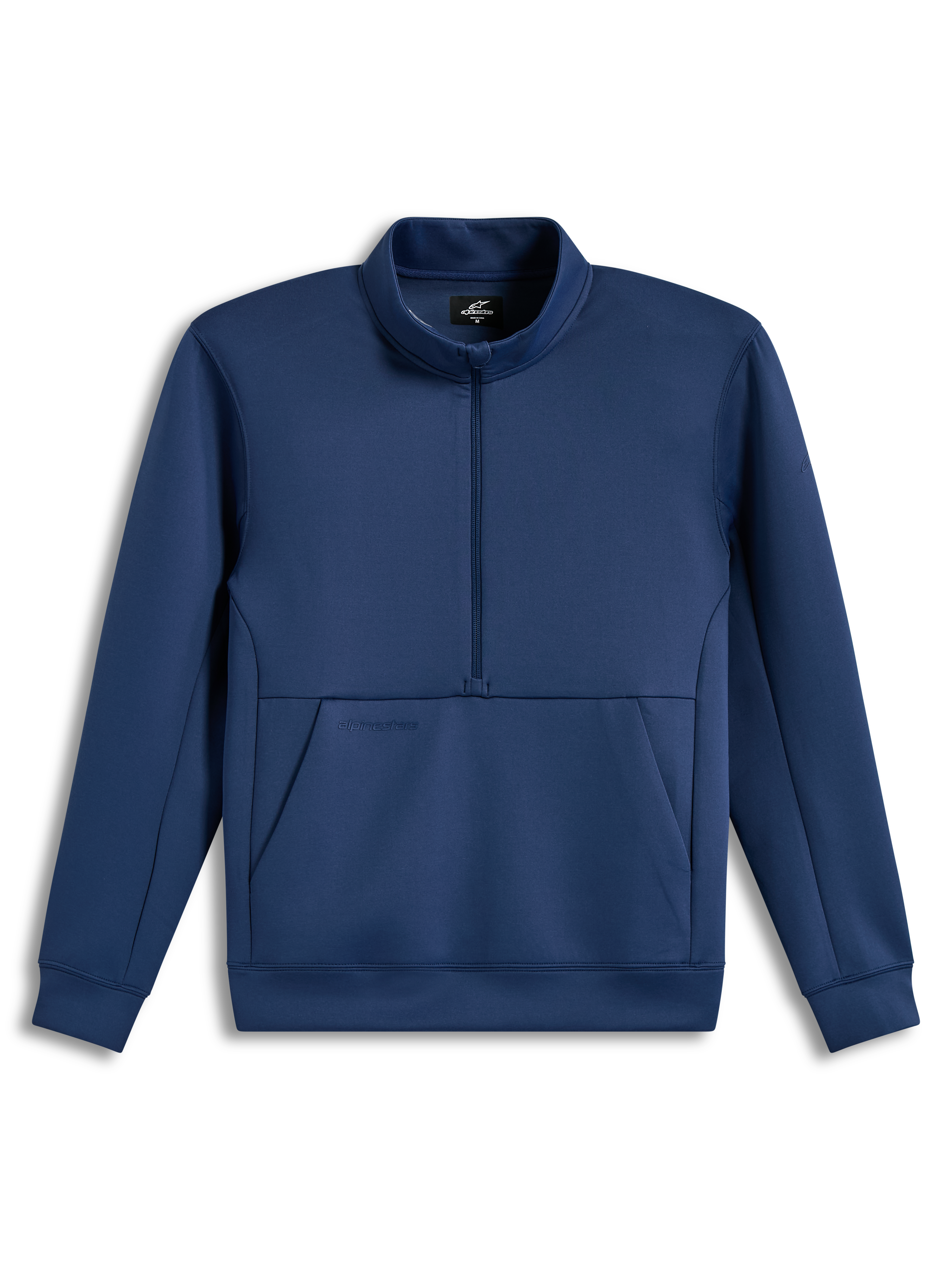 Alpinestars Apera Half-Zip Sweatshirt, blå sweatshirt i fleece med halvdragkedja, känguruficka och tonala logotyper.