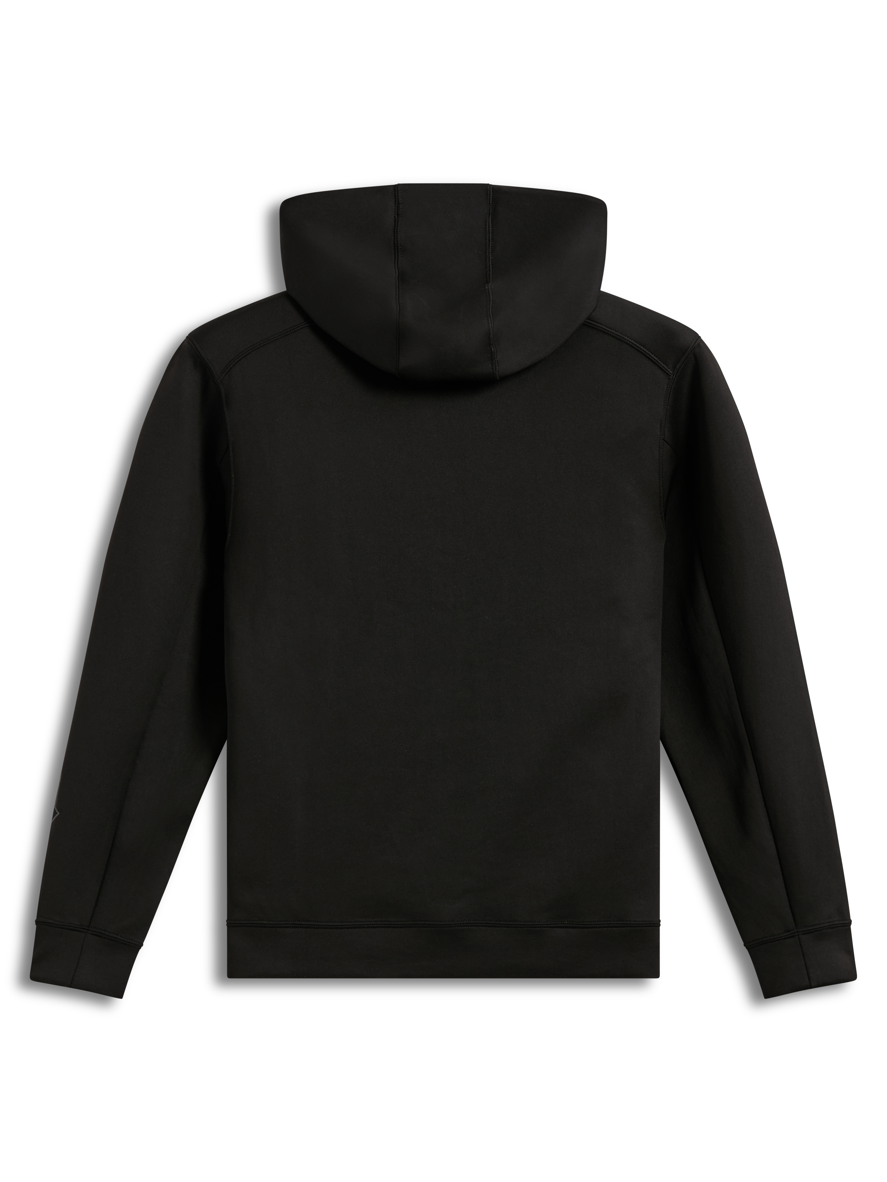 Alpinestars Datrix Hoodie, svart huvtröja i tri-blend fleece, vy bakifrån som visar den meshfodrade huvan, bekväm pullover-modell med muddar och fåll, motorsportinspirerad streetwear.