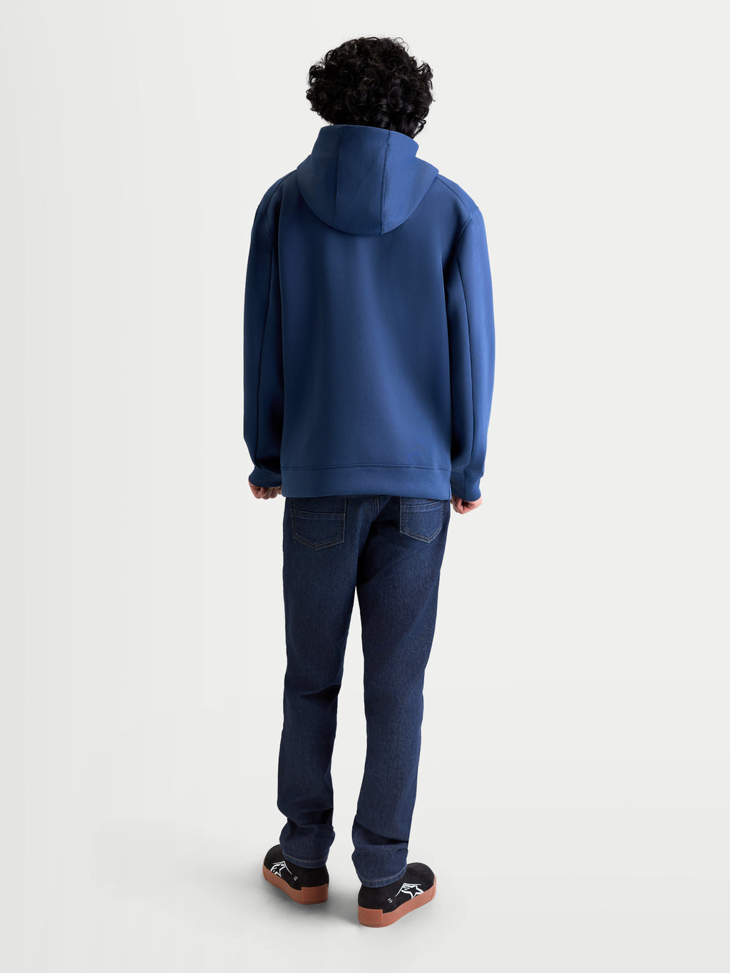 Alpinestars Datrix Hoodie, Sportswear Pullover for Men and Women, Steel Blue, premium tri-blend double-face fleece construction, back view on model showing hood detail.