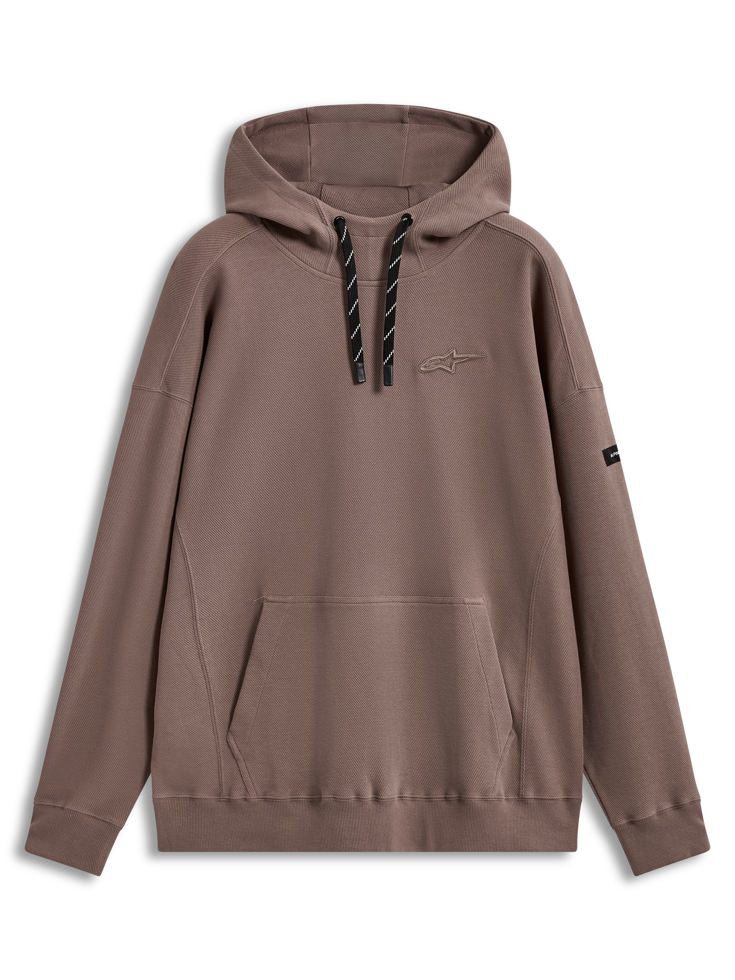 Alpinestars Camino Textured Oversized huvtröja, brun, texturerad stickad twill med hög krage, 3D-logotyp och känguruficka.