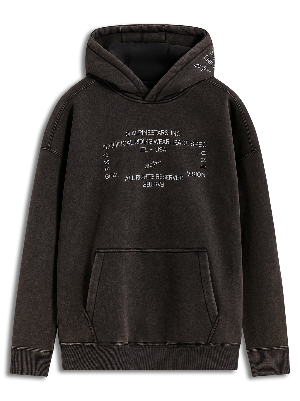 Alpinestars Infinite Washed Oversized huvtröja, svart med snötvätt, broderade racing-spec logotyper på bröstet, känguruficka och ribbade muddar, avslappnad motorsportinspirerad streetwear.