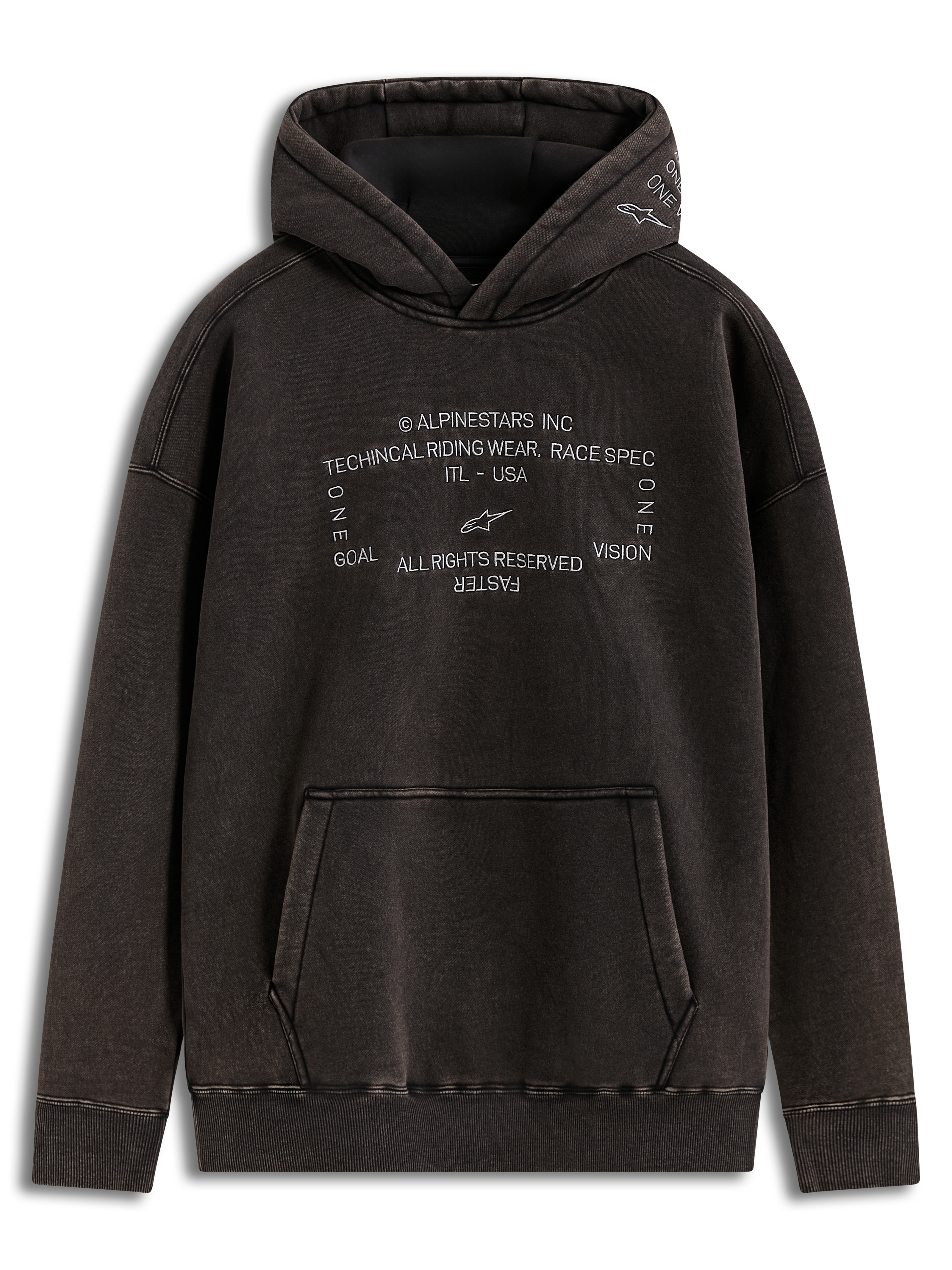 Alpinestars Infinite Washed Oversized huvtröja, svart med snötvätt, broderade racing-spec logotyper på bröstet, känguruficka och ribbade muddar, avslappnad motorsportinspirerad streetwear.