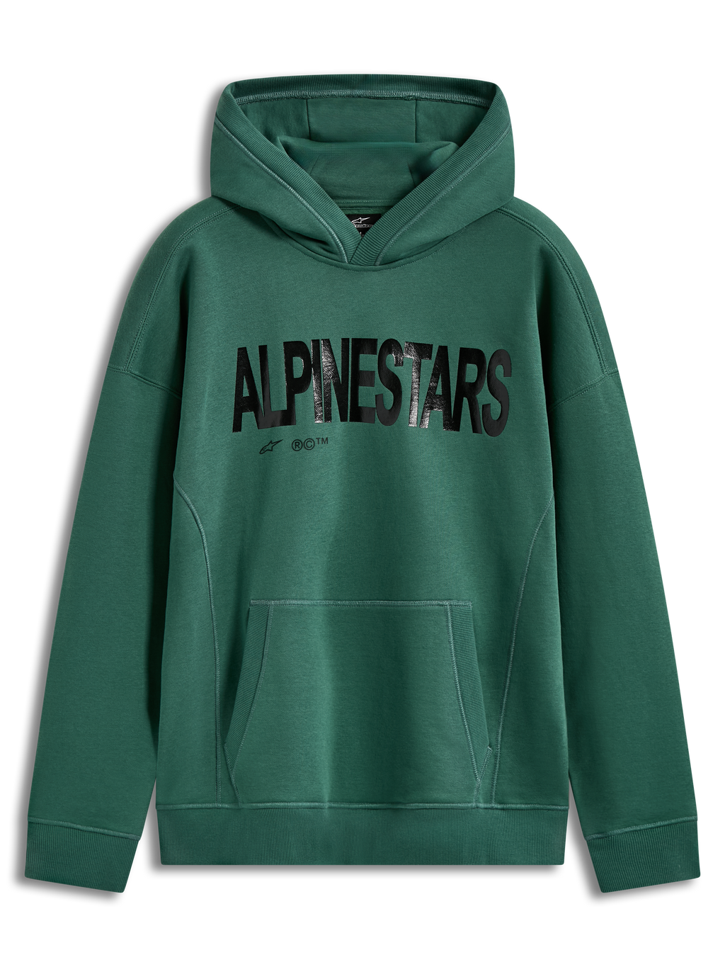 Alpinestars Shaw Oversized Hoodie, grön fleecehuvtröja med svart texturerad Alpinestars-logotyp, känguruficka, ribbade muddar och avslappnad passform