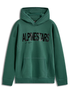 Alpinestars Shaw Oversized Hoodie, grön fleecehuvtröja med svart texturerad Alpinestars-logotyp, känguruficka, ribbade muddar och avslappnad passform