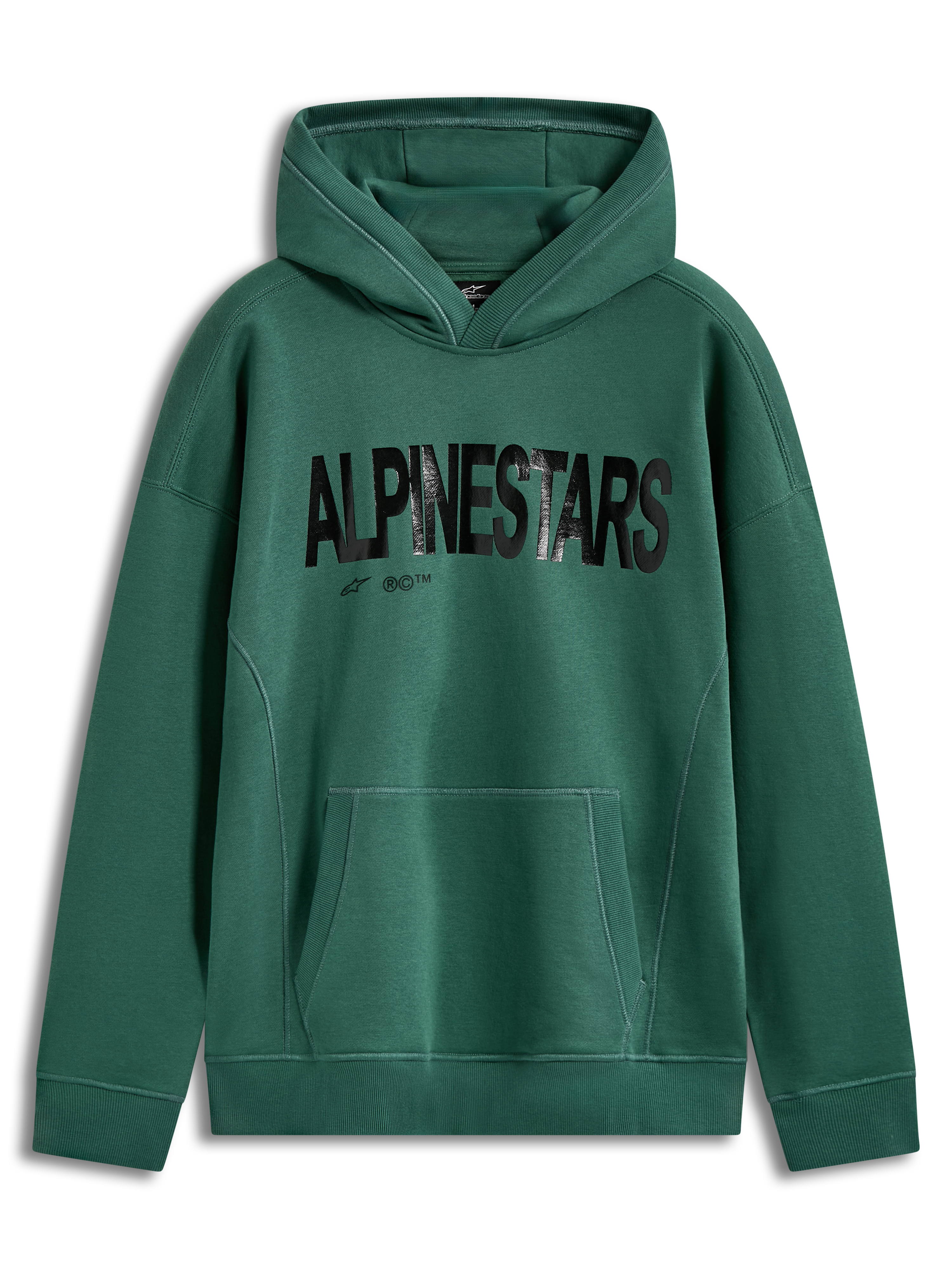 Alpinestars Shaw Oversized Hoodie, grön fleecehuvtröja med svart texturerad Alpinestars-logotyp, känguruficka, ribbade muddar och avslappnad passform