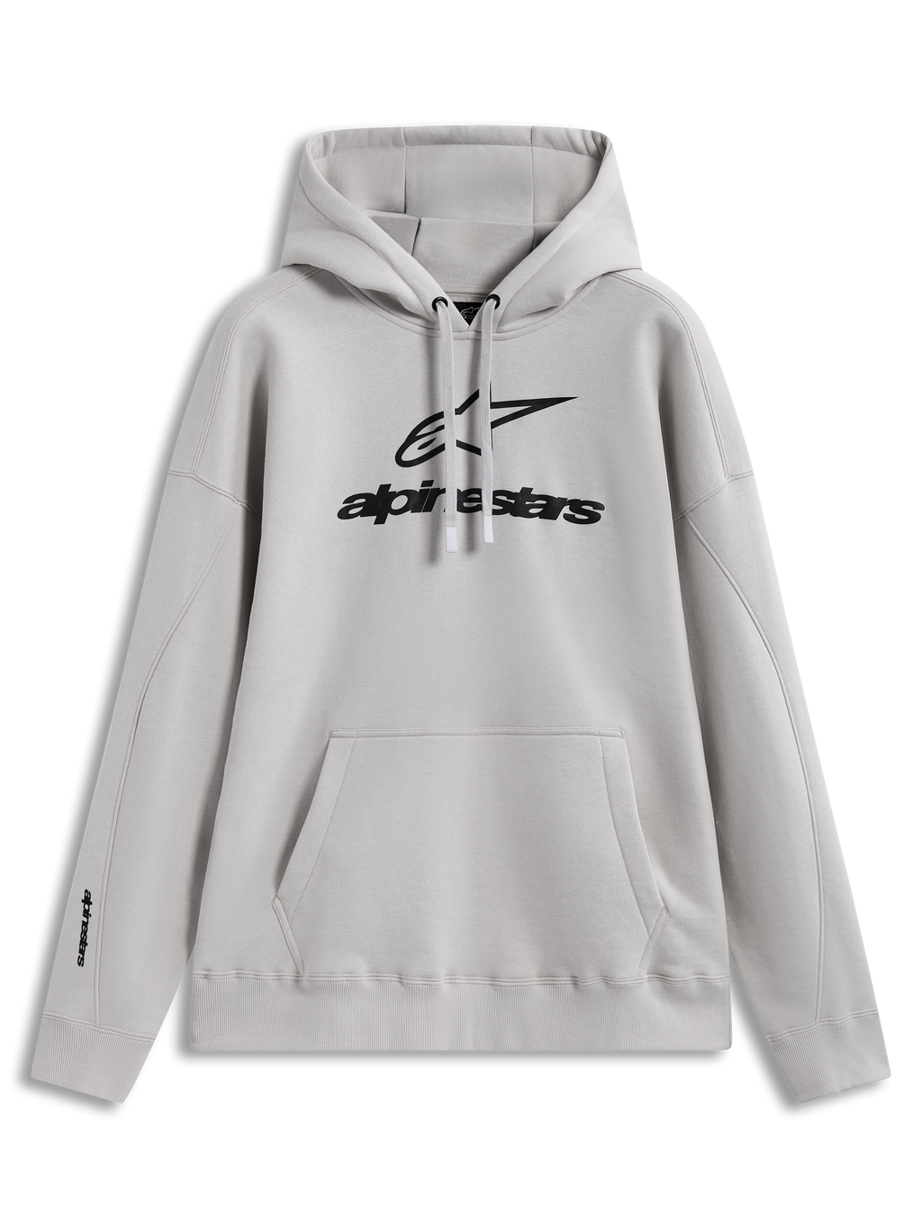 Alpinestars Prelude Oversized Hoodie, rymlig huvtröja i sandfärgad fleece med svart pufftryckt logotyp, känguruficka och dragsko, bekväm passform för vardagsbruk