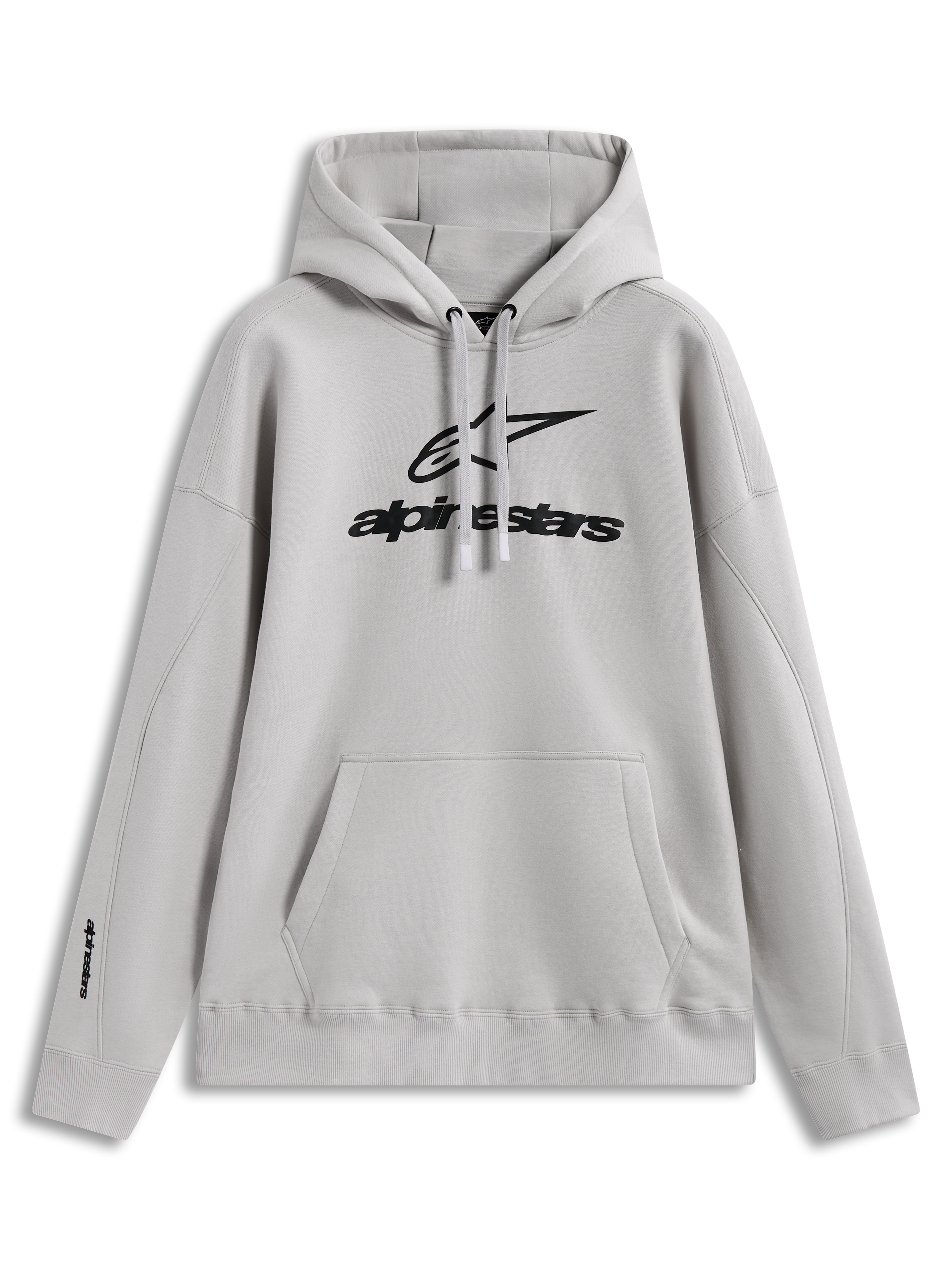 Alpinestars Prelude Oversized Hoodie, rymlig huvtröja i sandfärgad fleece med svart pufftryckt logotyp, känguruficka och dragsko, bekväm passform för vardagsbruk