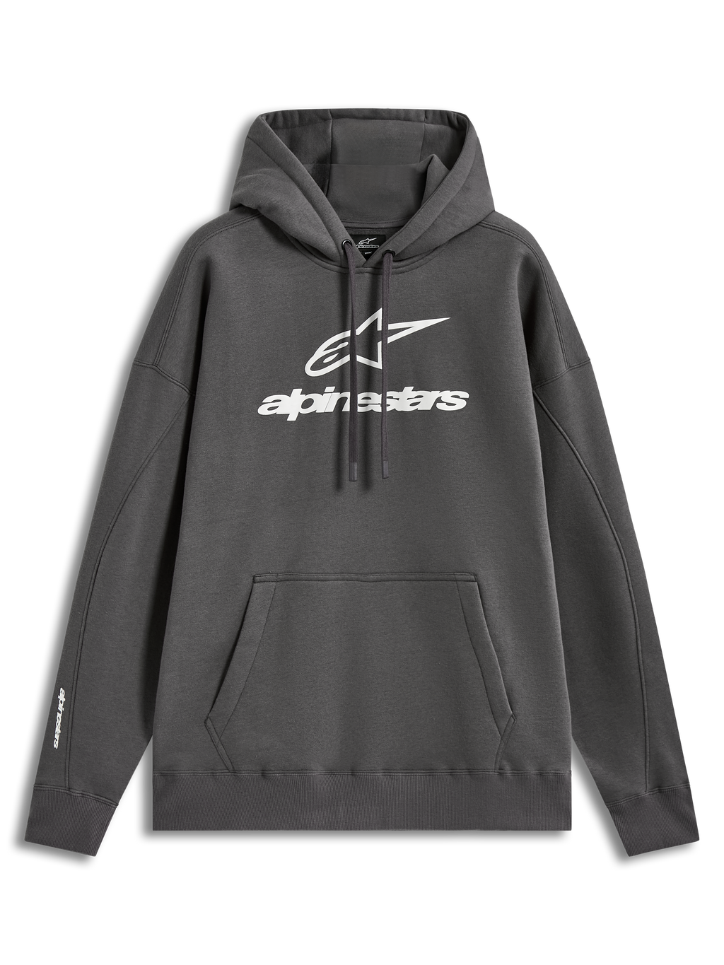 Alpinestars Prelude Oversized huvtröja, grå fleece med vit logotyp i pufftryck och känguruficka
