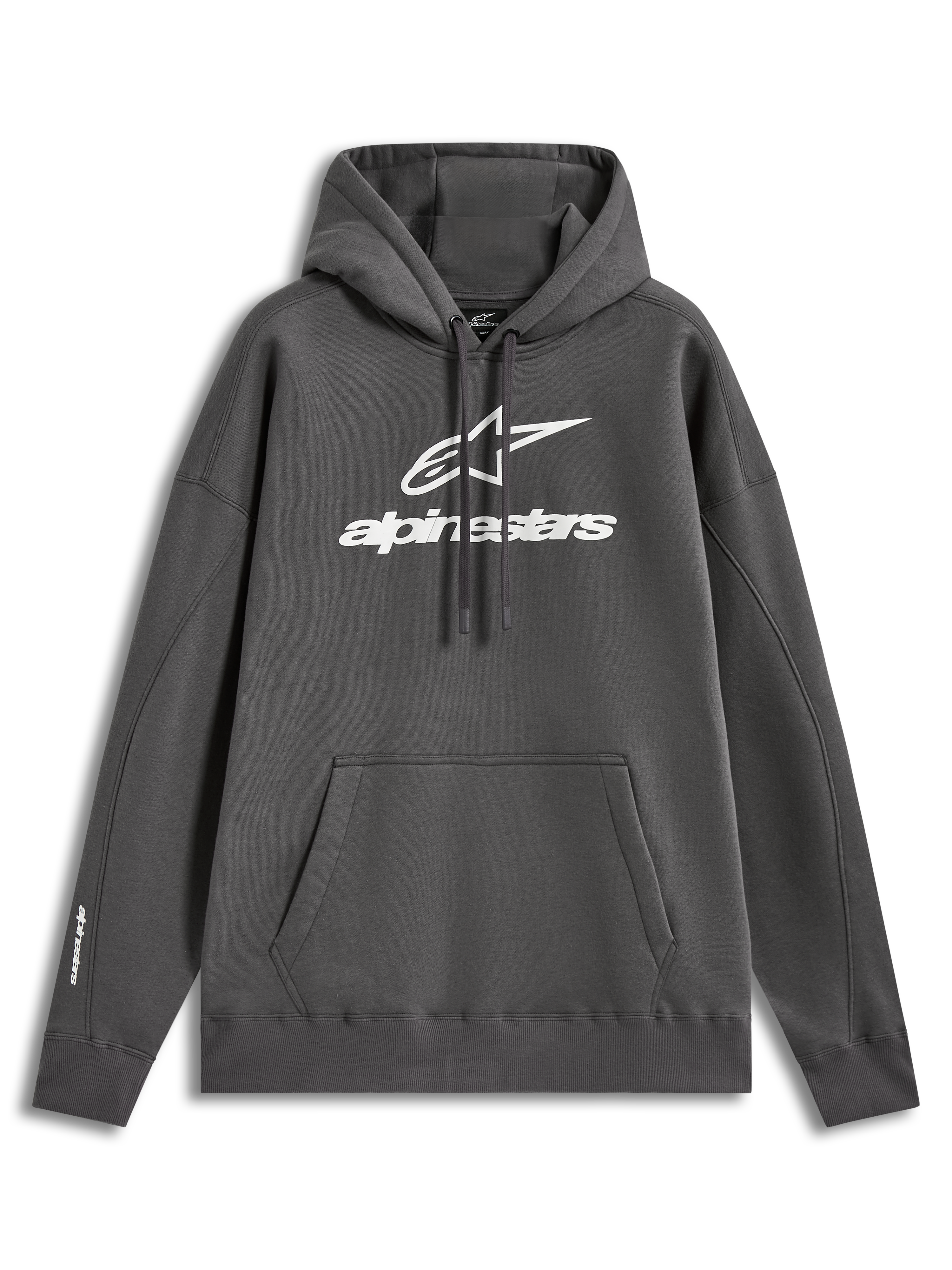 Alpinestars Prelude Oversized huvtröja, grå fleece med vit logotyp i pufftryck och känguruficka