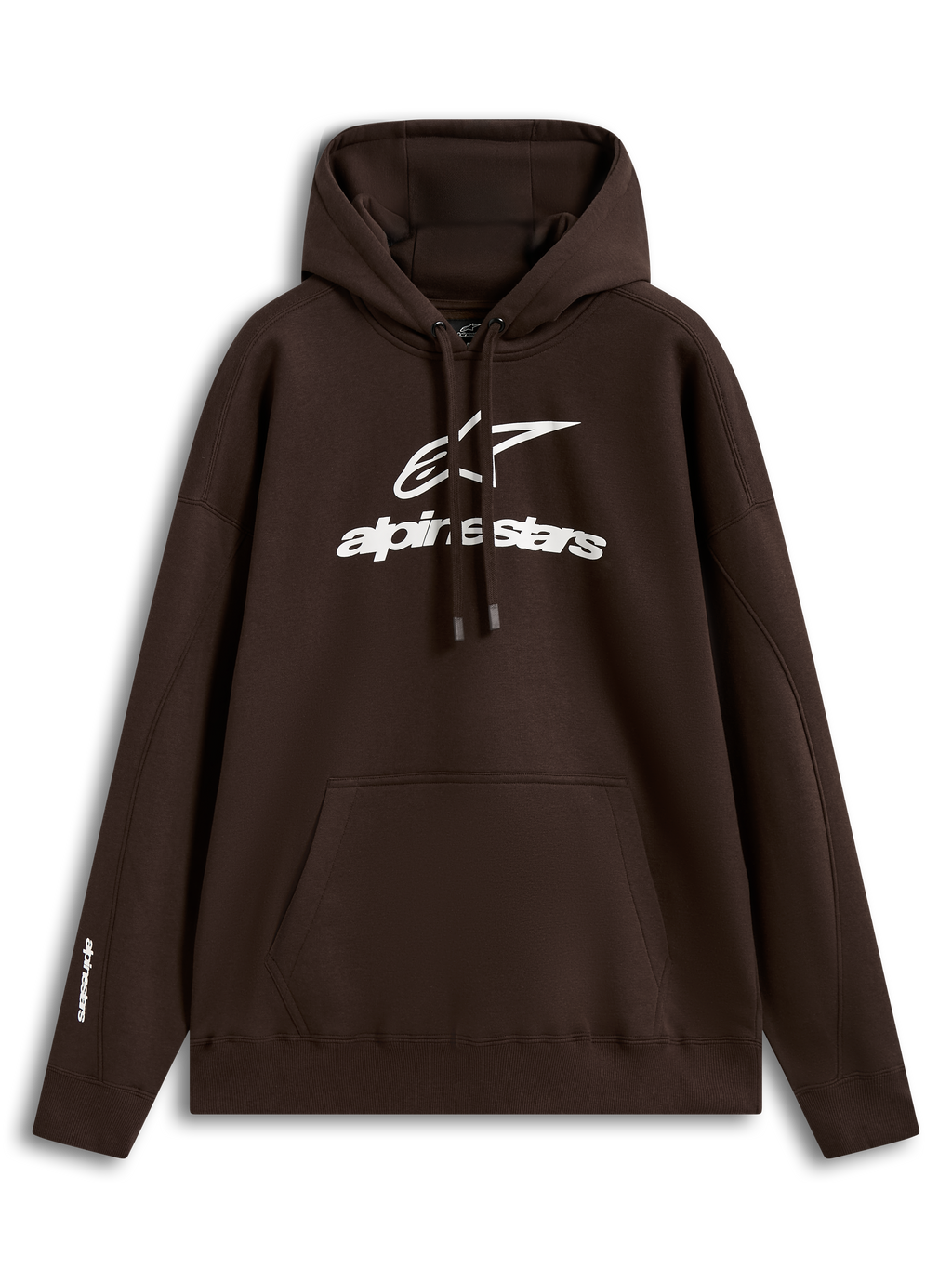 Alpinestars Prelude Oversized Hoodie, brun huvtröja i fleece med vit logotyp och känguruficka