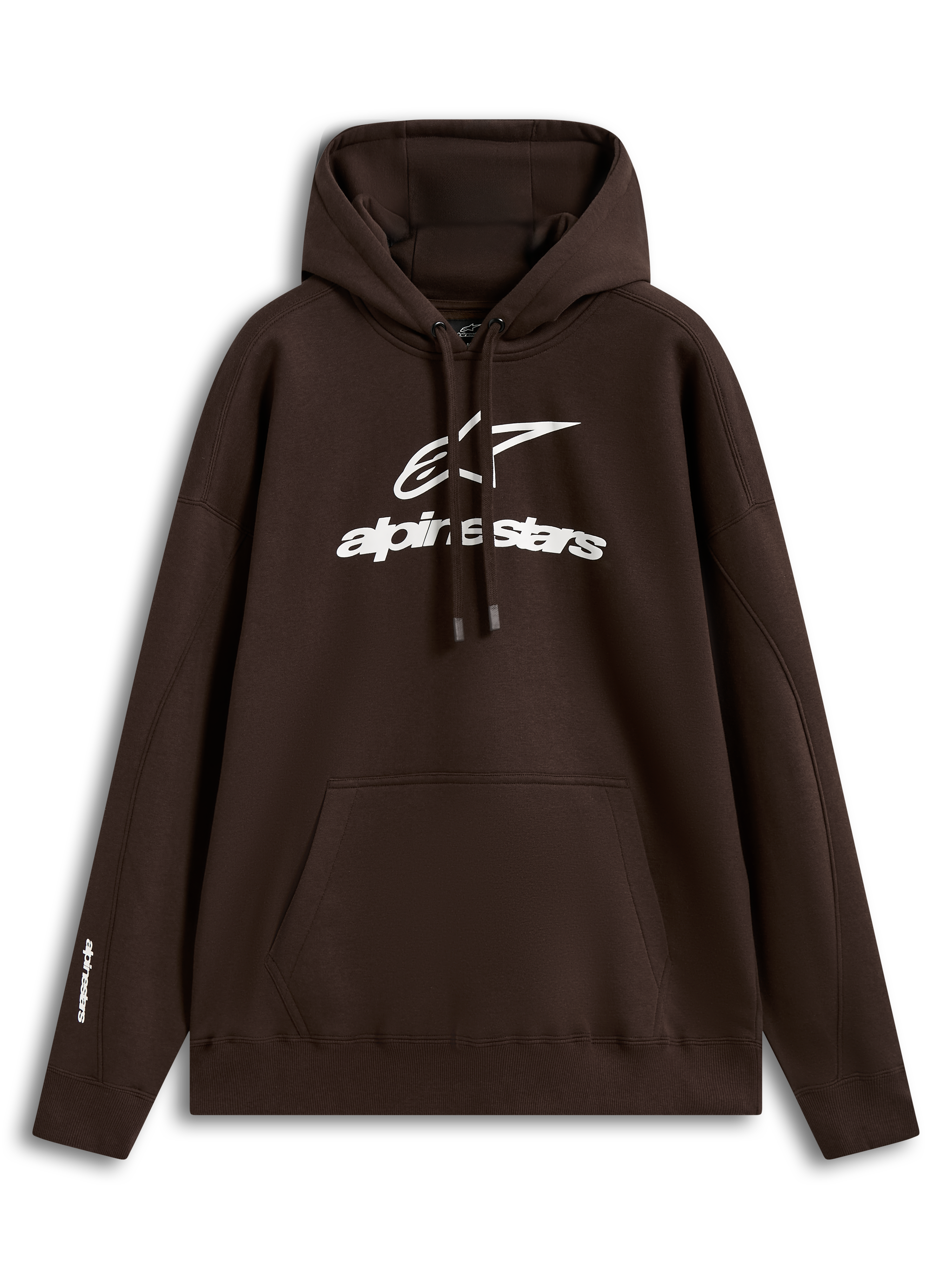 Alpinestars Prelude Oversized Hoodie, brun huvtröja i fleece med vit logotyp och känguruficka