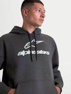 Alpinestars Prelude Oversized huvtröja, sportswear fleecepullover, grå med vit puff-printad logotyp, känguruficka och huva med dragsko, avslappnad passform.