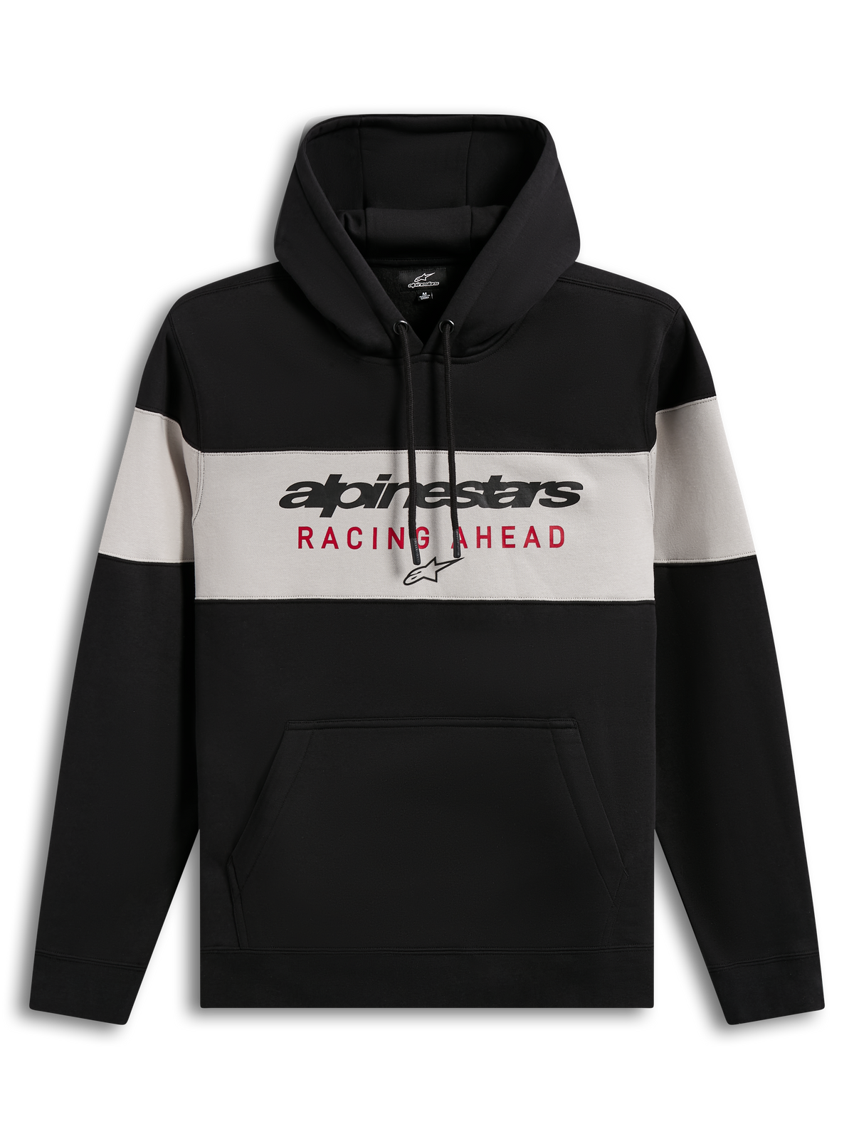 Alpinestars Cubic Hoodie, black and grey color-blocked pullover fleece with Racing Ahead logo and kangaroo pocket.