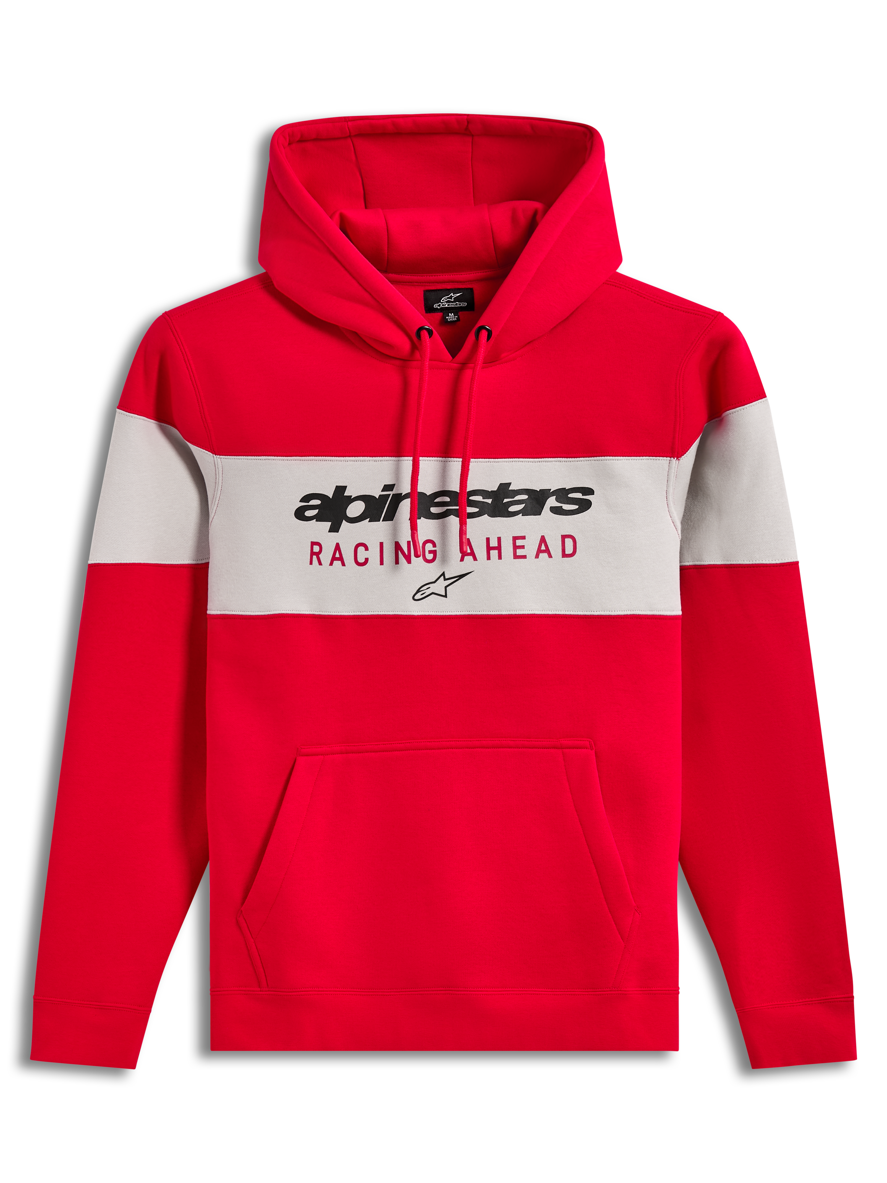 Alpinestars Cubic Hoodie, röd och grå färgblockerad huvtröja i fleece med logotyp framtill, huva med dragsko och känguruficka.