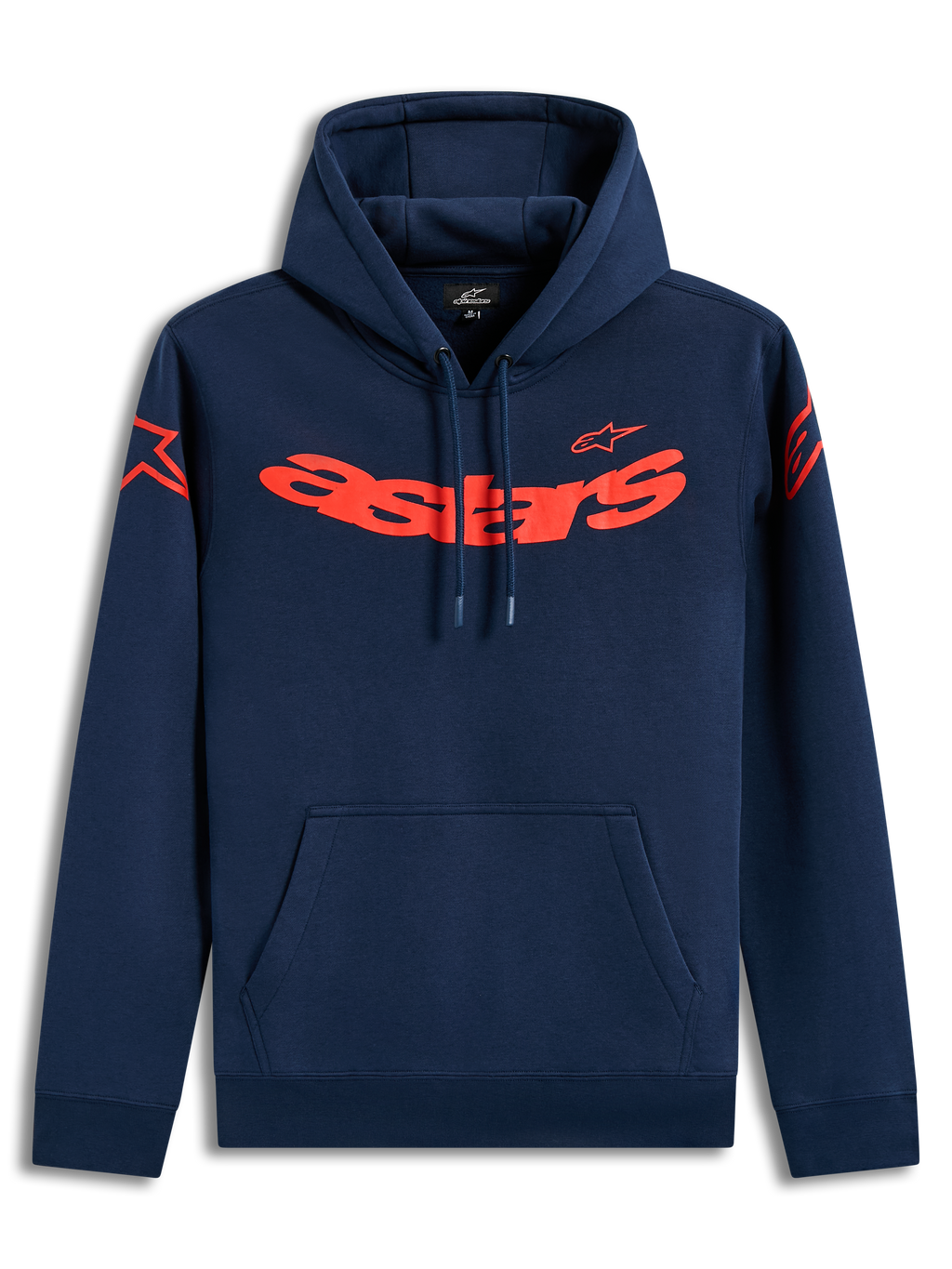 Alpinestars Velocifier huvtröja, mörkblå fleecehuvtröja med rött Astars-ordmärke och axellogotyper, sportkläder