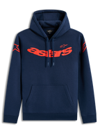 Alpinestars Velocifier huvtröja, mörkblå fleecehuvtröja med rött Astars-ordmärke och axellogotyper, sportkläder