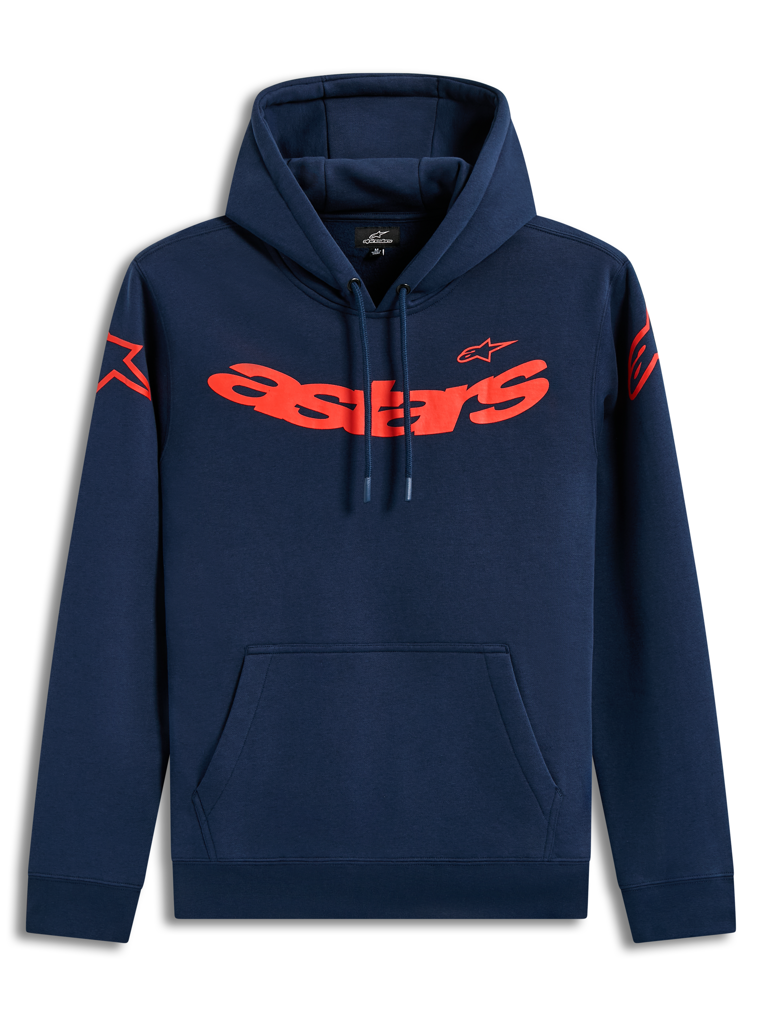 Alpinestars Velocifier huvtröja, mörkblå fleecehuvtröja med rött Astars-ordmärke och axellogotyper, sportkläder