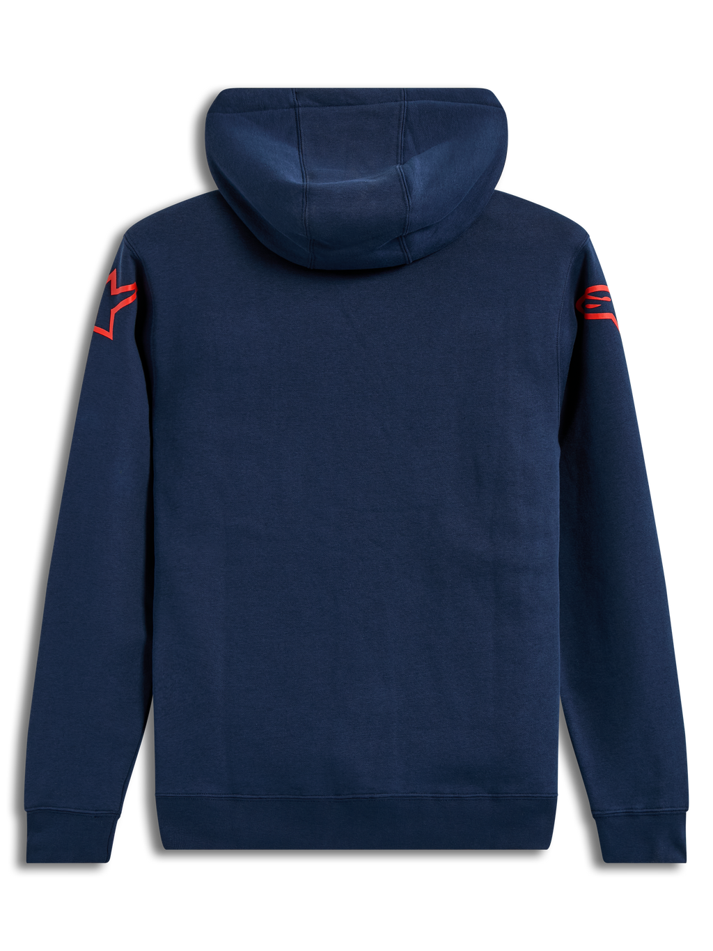 Alpinestars Velocifier hoodie, mörkblå huvtröja i fleece, vy bakifrån med röda Astars-logotyper på axlarna, ribbade muddar och huva, sportig motorsportstil