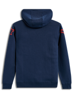 Alpinestars Velocifier hoodie, mörkblå huvtröja i fleece, vy bakifrån med röda Astars-logotyper på axlarna, ribbade muddar och huva, sportig motorsportstil