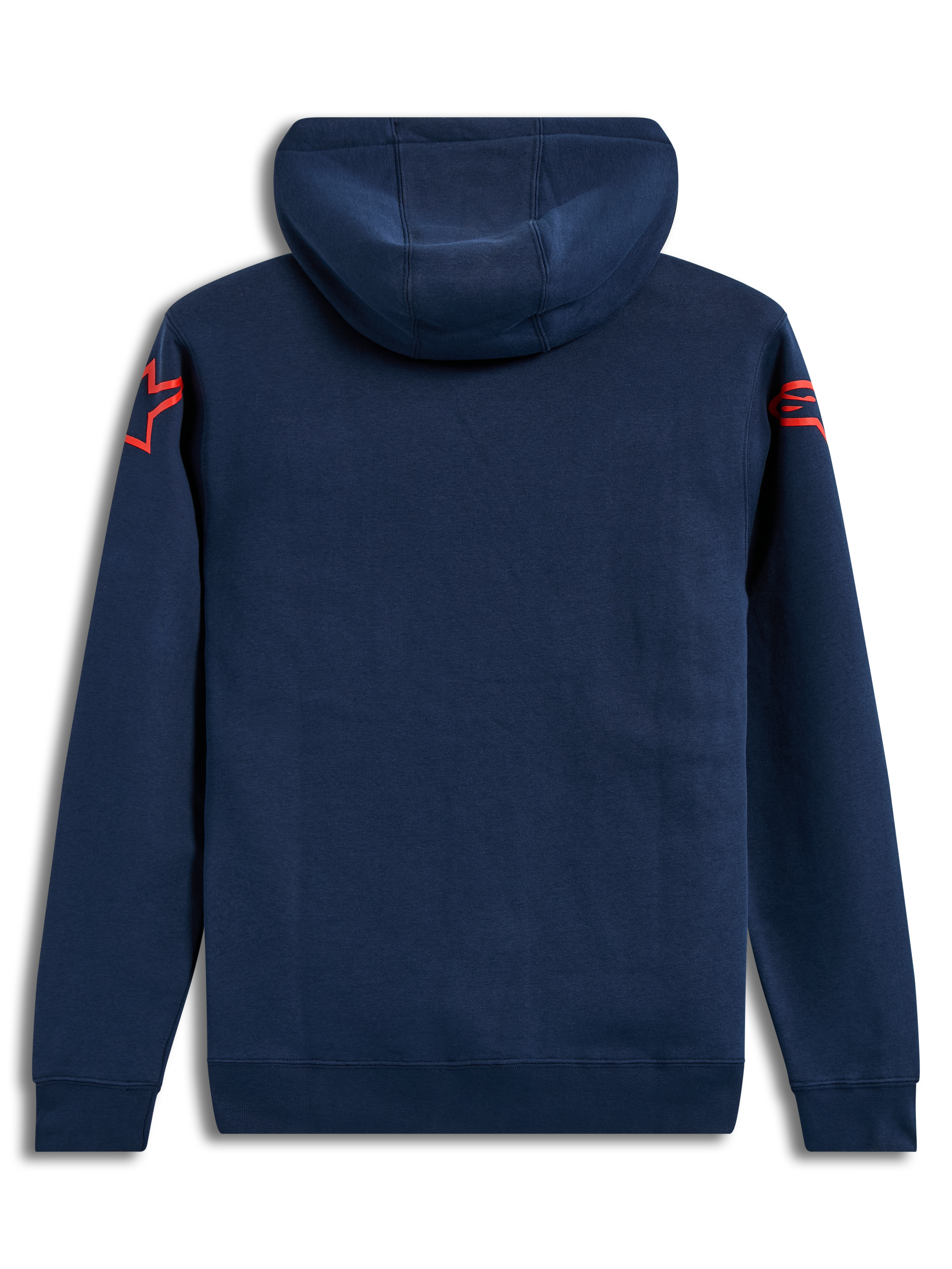 Alpinestars Velocifier hoodie, mörkblå huvtröja i fleece, vy bakifrån med röda Astars-logotyper på axlarna, ribbade muddar och huva, sportig motorsportstil