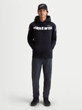 Alpinestars Velocifier Hoodie, Men's Black Pullover Fleece, Sportswear for Casual Off-Bike Wear, features White Astars wordmark on front and shoulder logos, premium cotton blend, shown on model with matching cap.