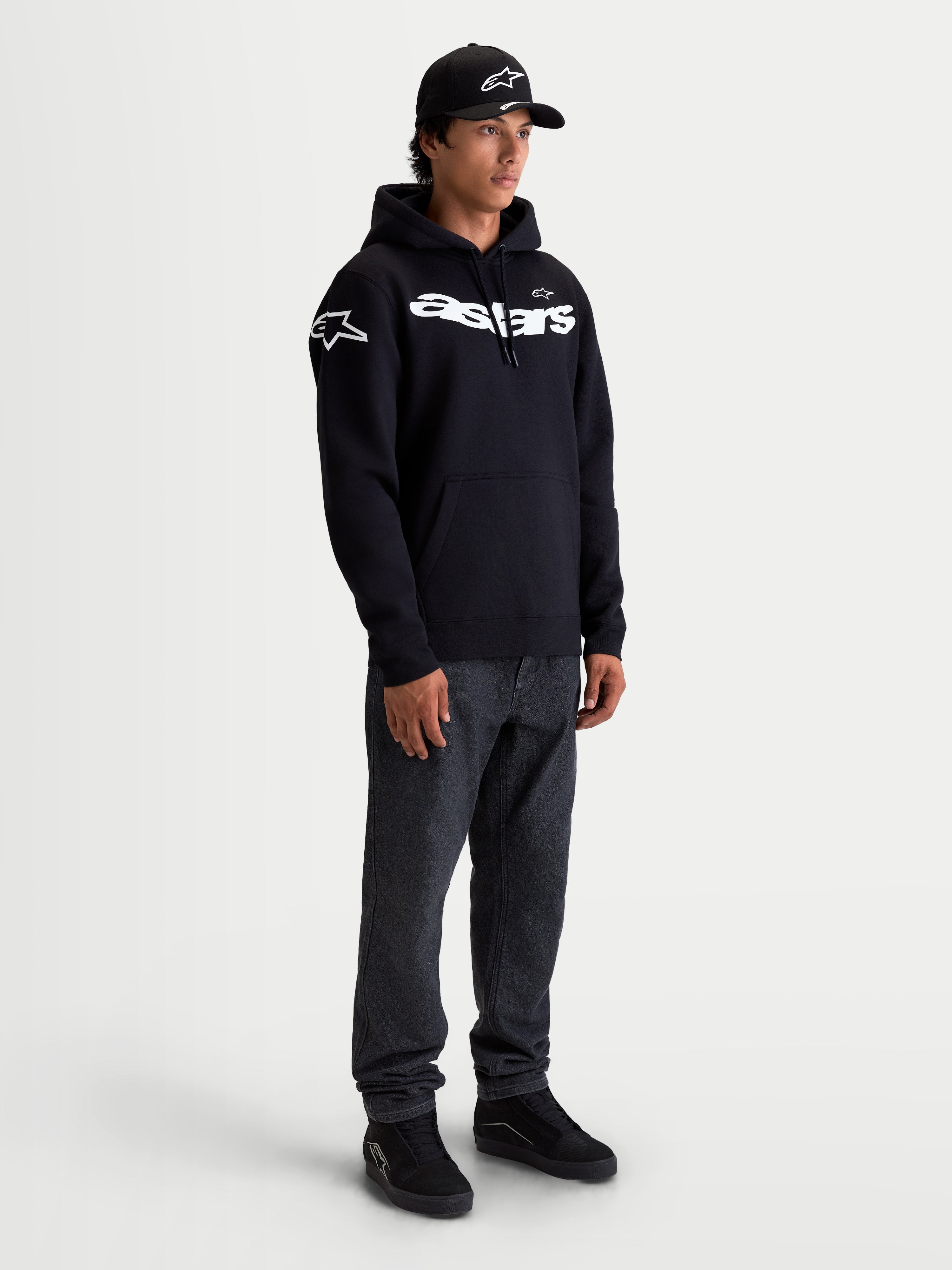 Alpinestars Velocifier Hoodie, Men's Sportswear Pullover Fleece, Black and White, featuring a curved Astars wordmark on the chest and logos on the shoulders, premium cotton-blend construction for casual off-bike motorsport style