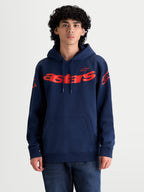 Alpinestars Velocifier huvtröja, sportig huvtröja i marinblått och rött, mjuk bomullsblandning med känguruficka och huva med dragsko, framträdande astars-logotyp på bröstet och logotyper på axlarna, bekväm motorsport-lifestyle.