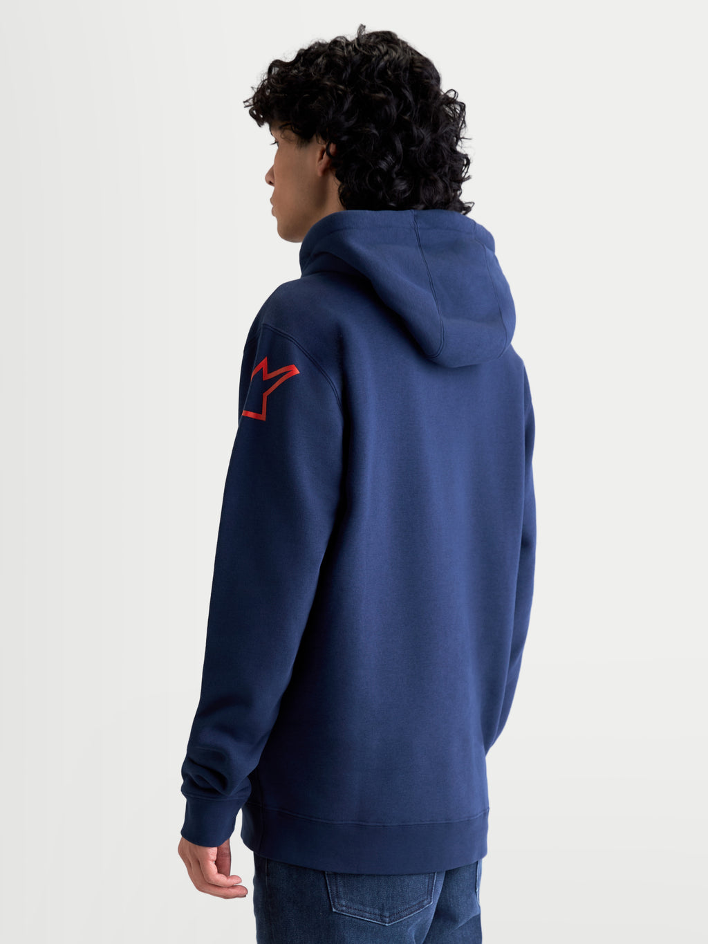 Alpinestars Velocifier huvtröja, herrmodell i fleece, mörkblå och röd, med röd Astars-logotyp på axeln, bekväm huvtröja för motorsportentusiaster, casual motorsport-lifestyle.