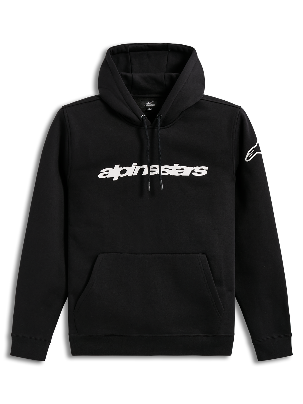 Alpinestars Race Wordmark huvtröja, svart och vit fleece-pullover med linjär logotyp på bröstet och ärmlogotyp.
