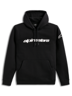 Alpinestars Race Wordmark huvtröja, svart och vit fleece-pullover med linjär logotyp på bröstet och ärmlogotyp.