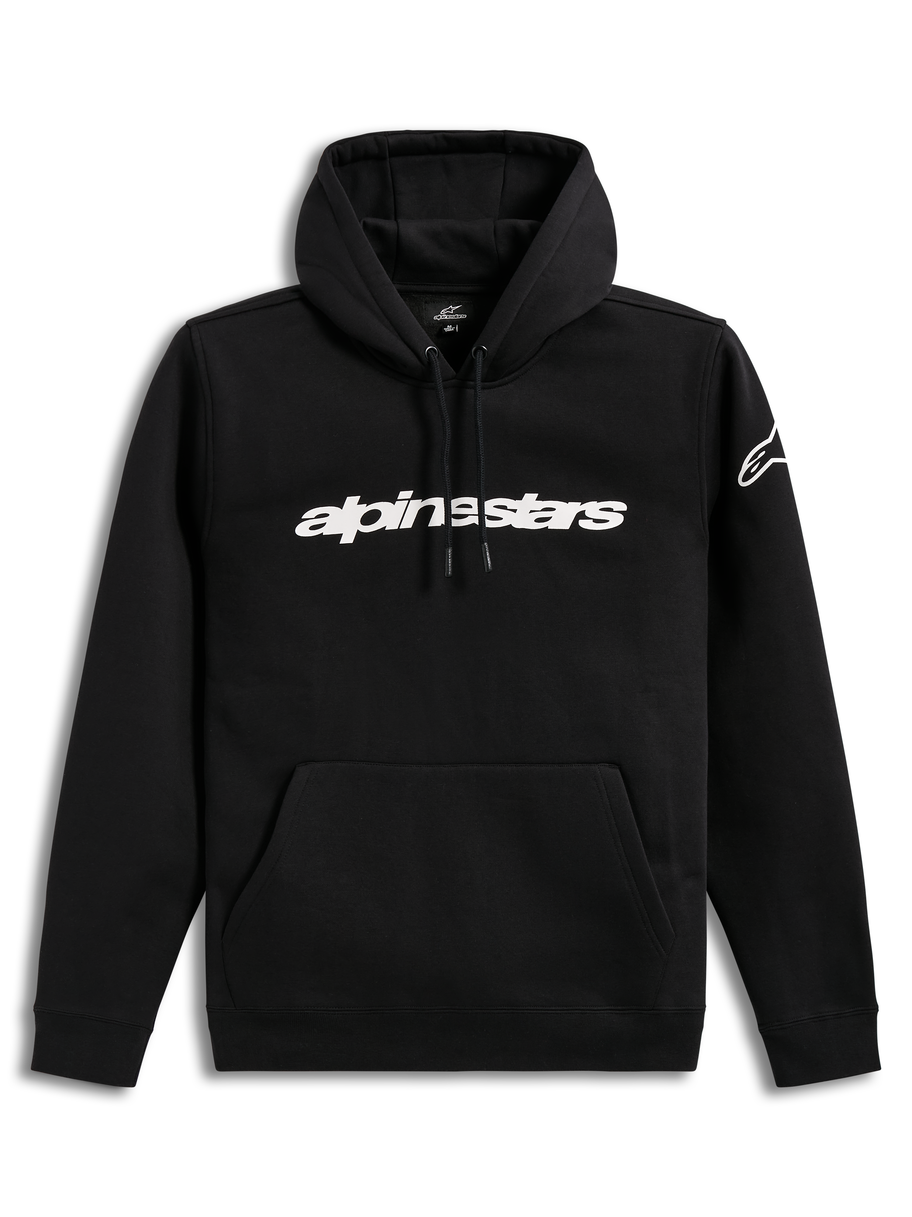 Alpinestars Race Wordmark huvtröja, svart och vit fleece-pullover med linjär logotyp på bröstet och ärmlogotyp.
