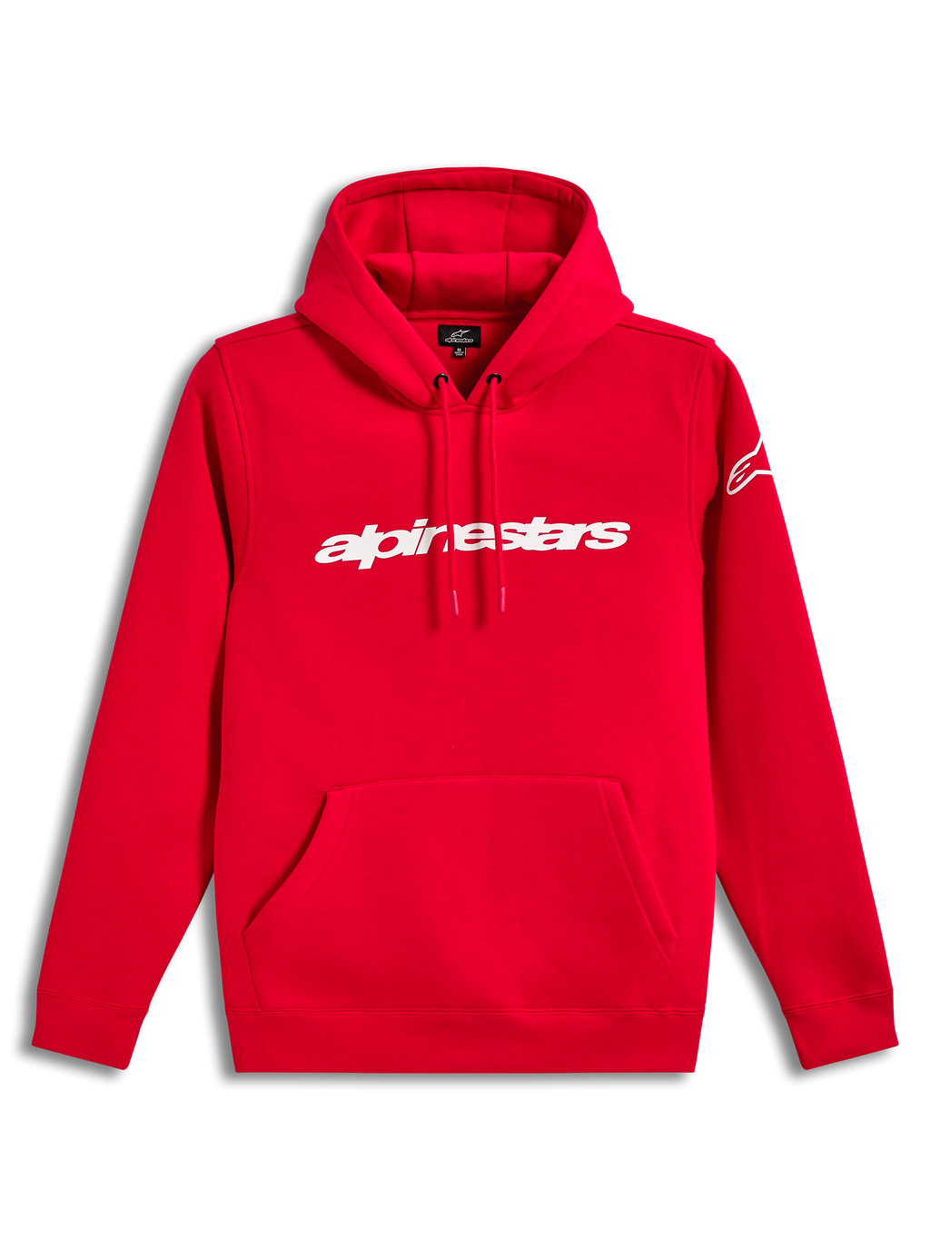 Alpinestars Race Wordmark Hoodie, röd fleecepullover med vit logotyp på bröstet, huva med dragsko och känguruficka
