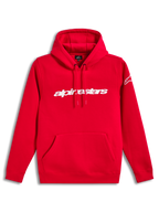 Alpinestars Race Wordmark Hoodie, röd fleecepullover med vit logotyp på bröstet, huva med dragsko och känguruficka