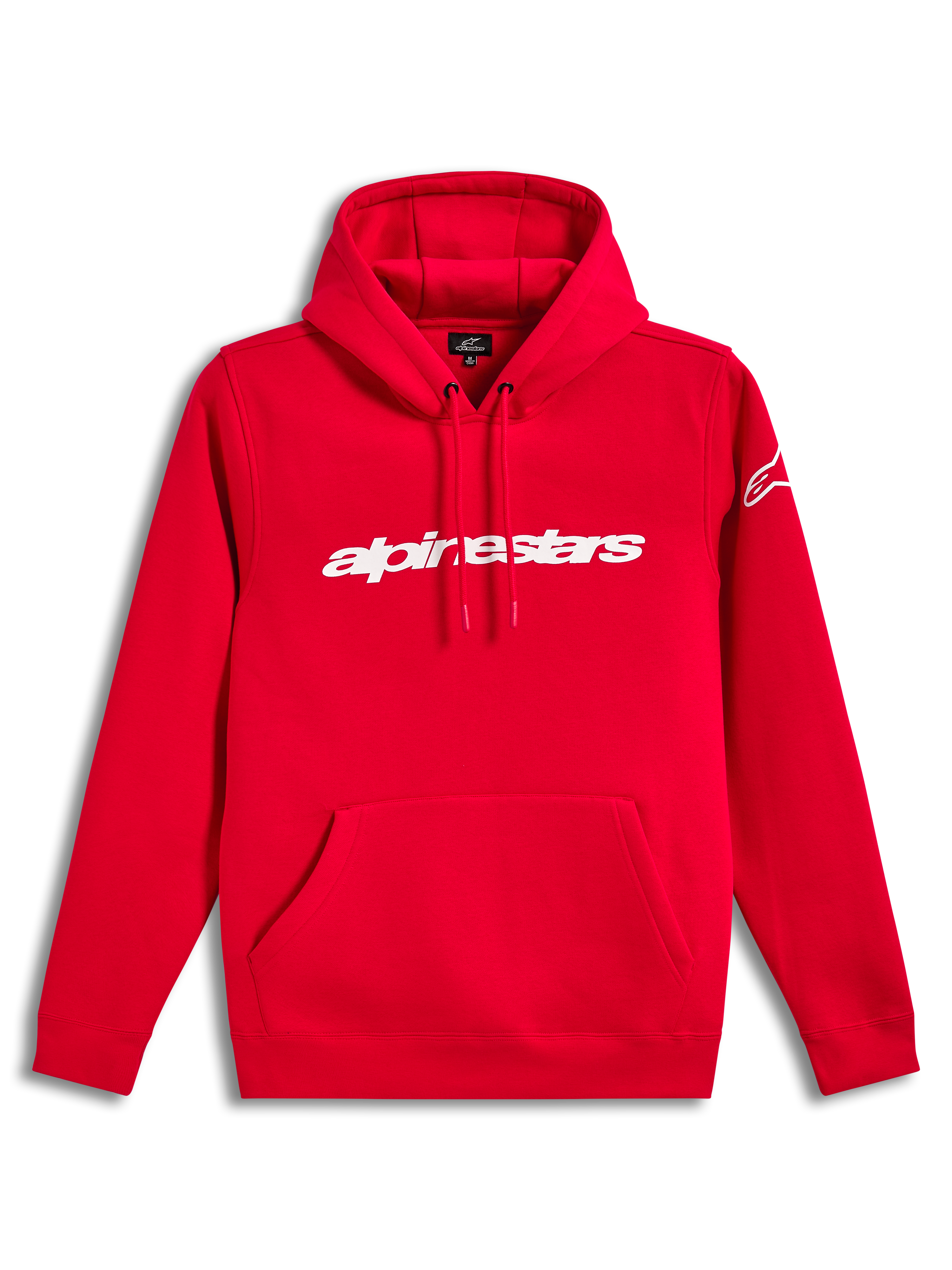 Alpinestars Race Wordmark Hoodie, röd fleecepullover med vit logotyp på bröstet, huva med dragsko och känguruficka