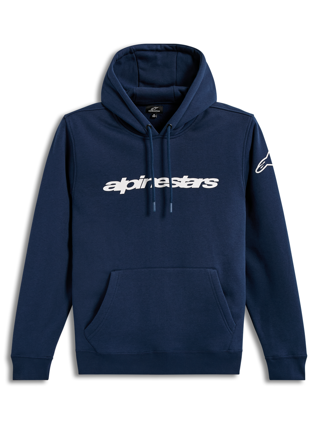 Alpinestars Race Wordmark huvtröja, marinblå och vit pullover i mjuk fleece med wordmark-logotyp fram.