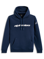 Alpinestars Race Wordmark huvtröja, marinblå och vit pullover i mjuk fleece med wordmark-logotyp fram.
