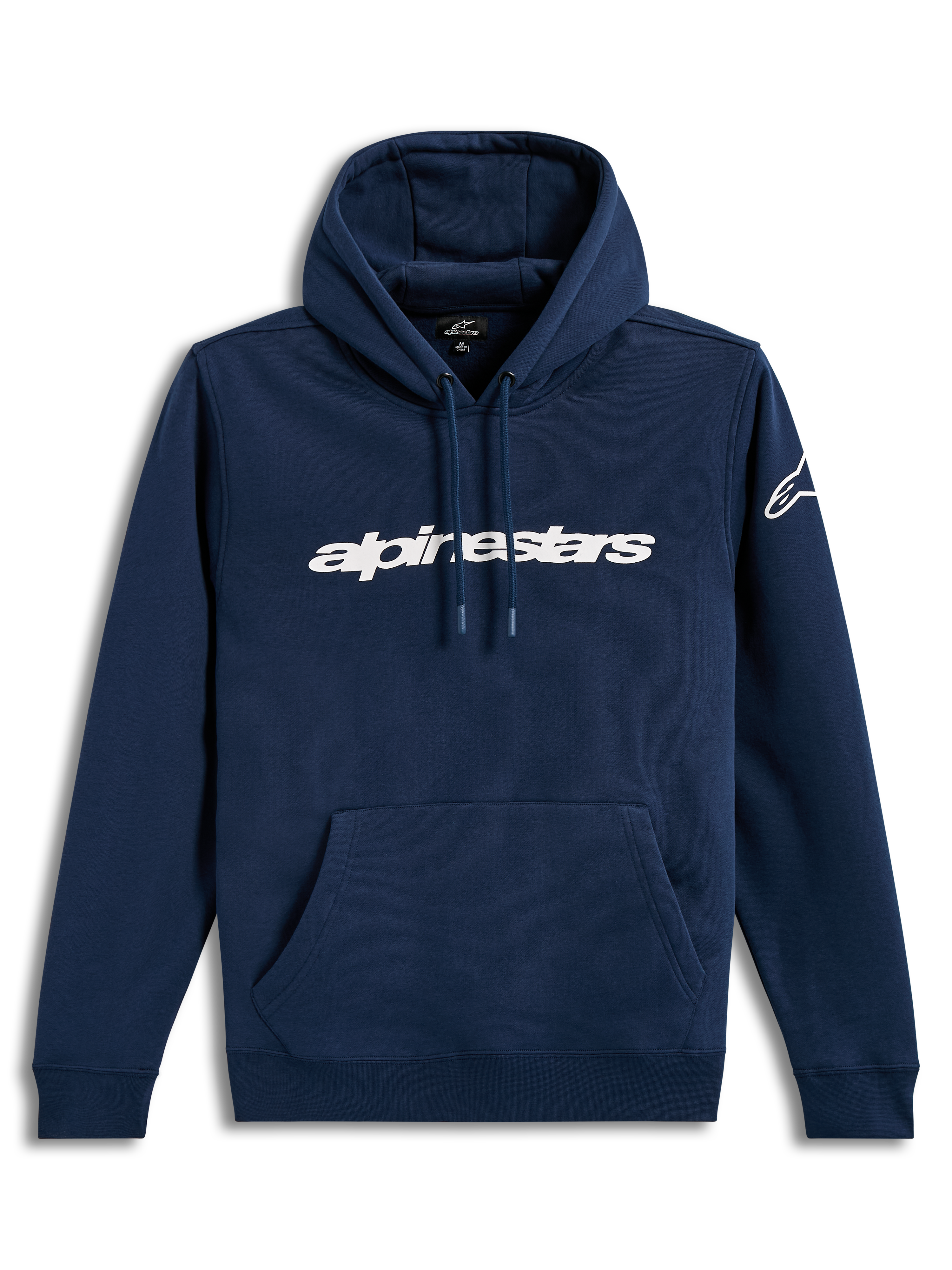 Alpinestars Race Wordmark huvtröja, marinblå och vit pullover i mjuk fleece med wordmark-logotyp fram.